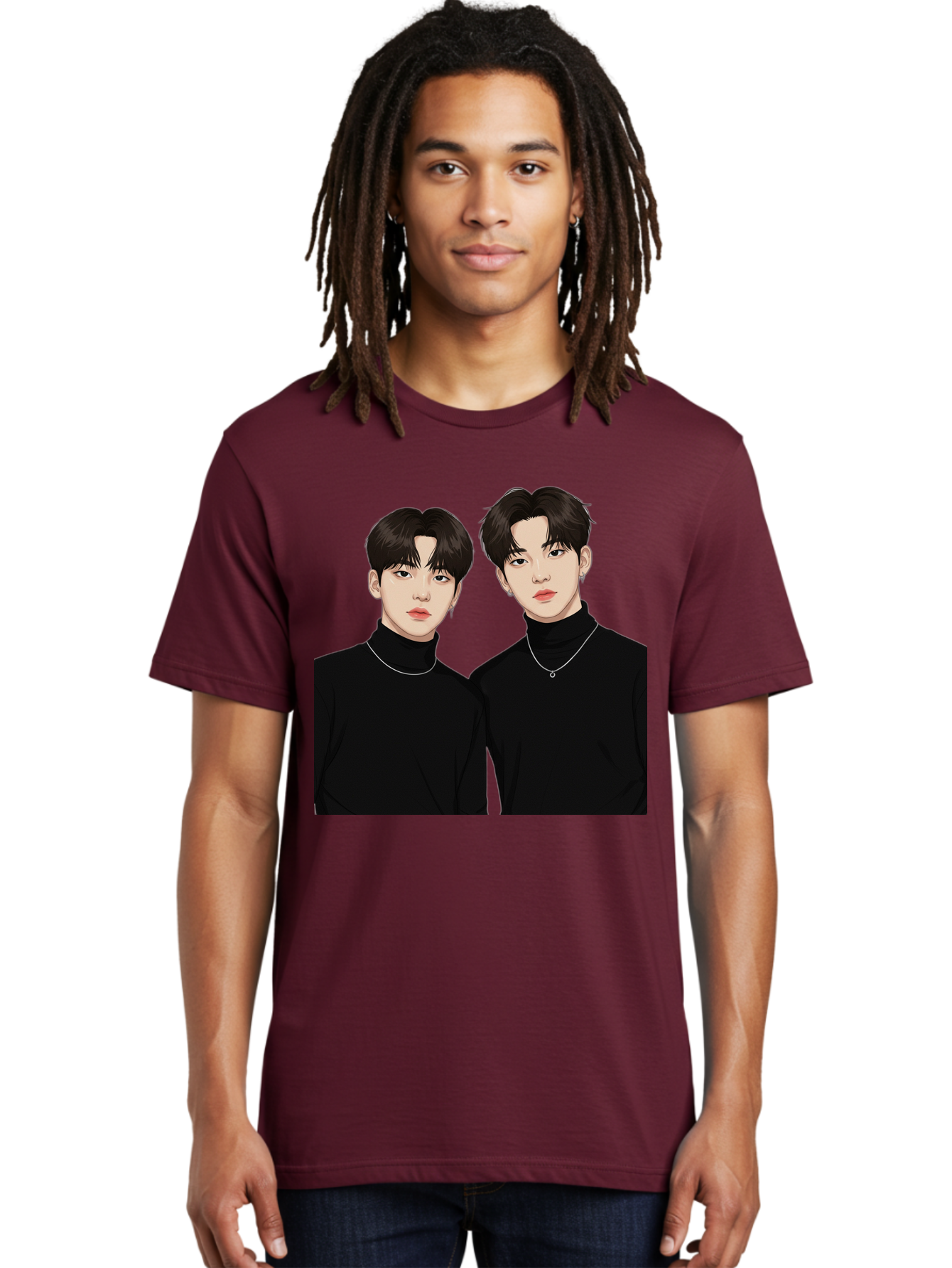 Twin-Guys Men'S Graphic Tee, 100% Cotton, Comfortable Casual Summer Wear, Machine Washable, K-Pop Idols, Male Duo, Black Turtlenecks, Silver Necklaces, Dark Hair, Digital Illustration, Pop Culture Icons, Modern Fashion, Stylish Accessories, Bac525 17