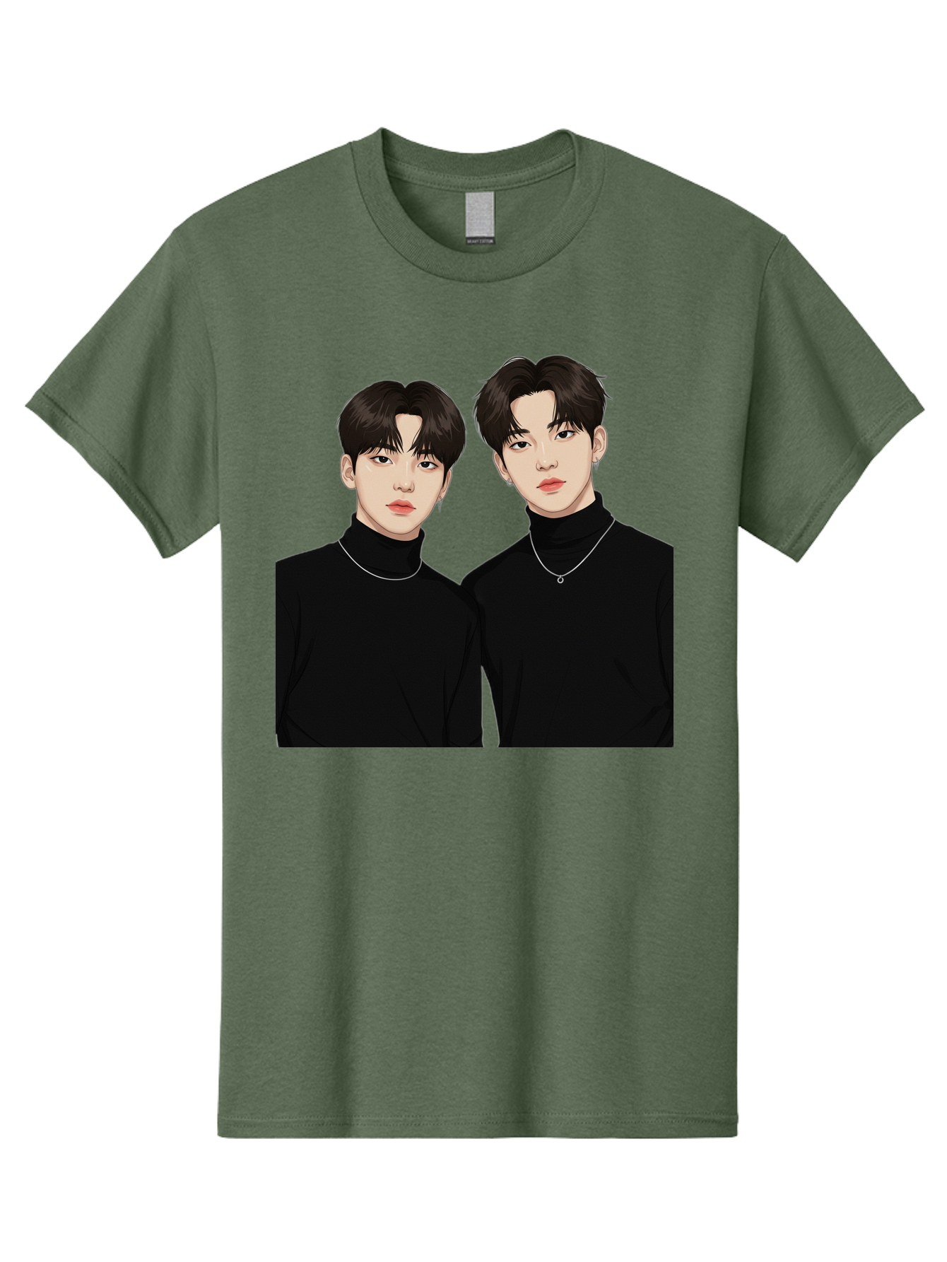 Twin-Guys Men'S Graphic Tee, 100% Cotton, Comfortable Casual Summer Wear, Machine Washable, K-Pop Idols, Male Duo, Black Turtlenecks, Silver Necklaces, Dark Hair, Digital Illustration, Pop Culture Icons, Modern Fashion, Stylish Accessories, Bac525 12