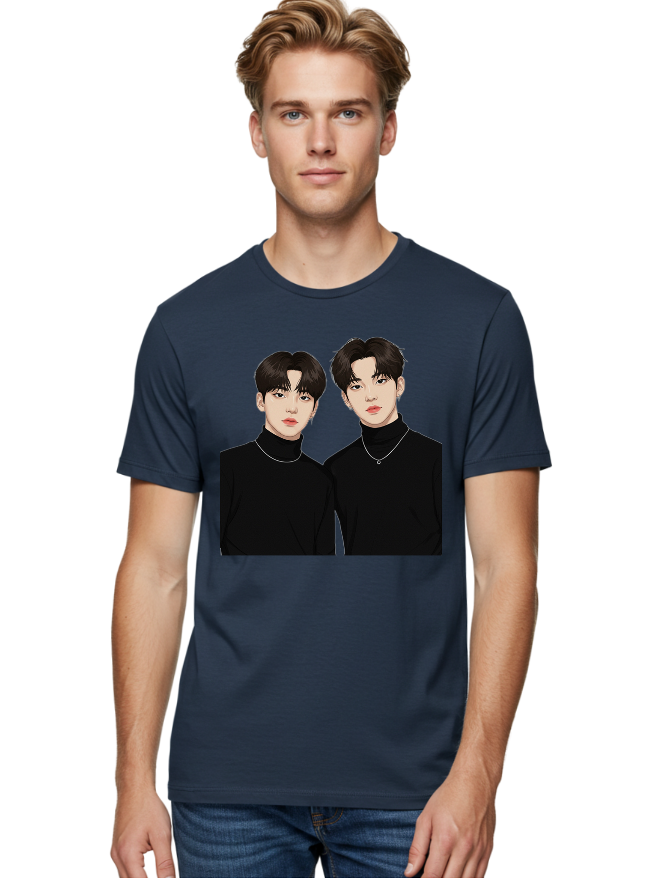 Twin-Guys Men'S Graphic Tee, 100% Cotton, Comfortable Casual Summer Wear, Machine Washable, K-Pop Idols, Male Duo, Black Turtlenecks, Silver Necklaces, Dark Hair, Digital Illustration, Pop Culture Icons, Modern Fashion, Stylish Accessories, Bac525 21