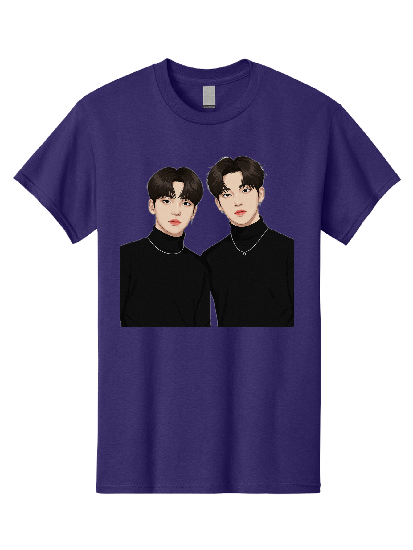 Twin-Guys Men'S Graphic Tee, 100% Cotton, Comfortable Casual Summer Wear, Machine Washable, K-Pop Idols, Male Duo, Black Turtlenecks, Silver Necklaces, Dark Hair, Digital Illustration, Pop Culture Icons, Modern Fashion, Stylish Accessories, Bac525 10