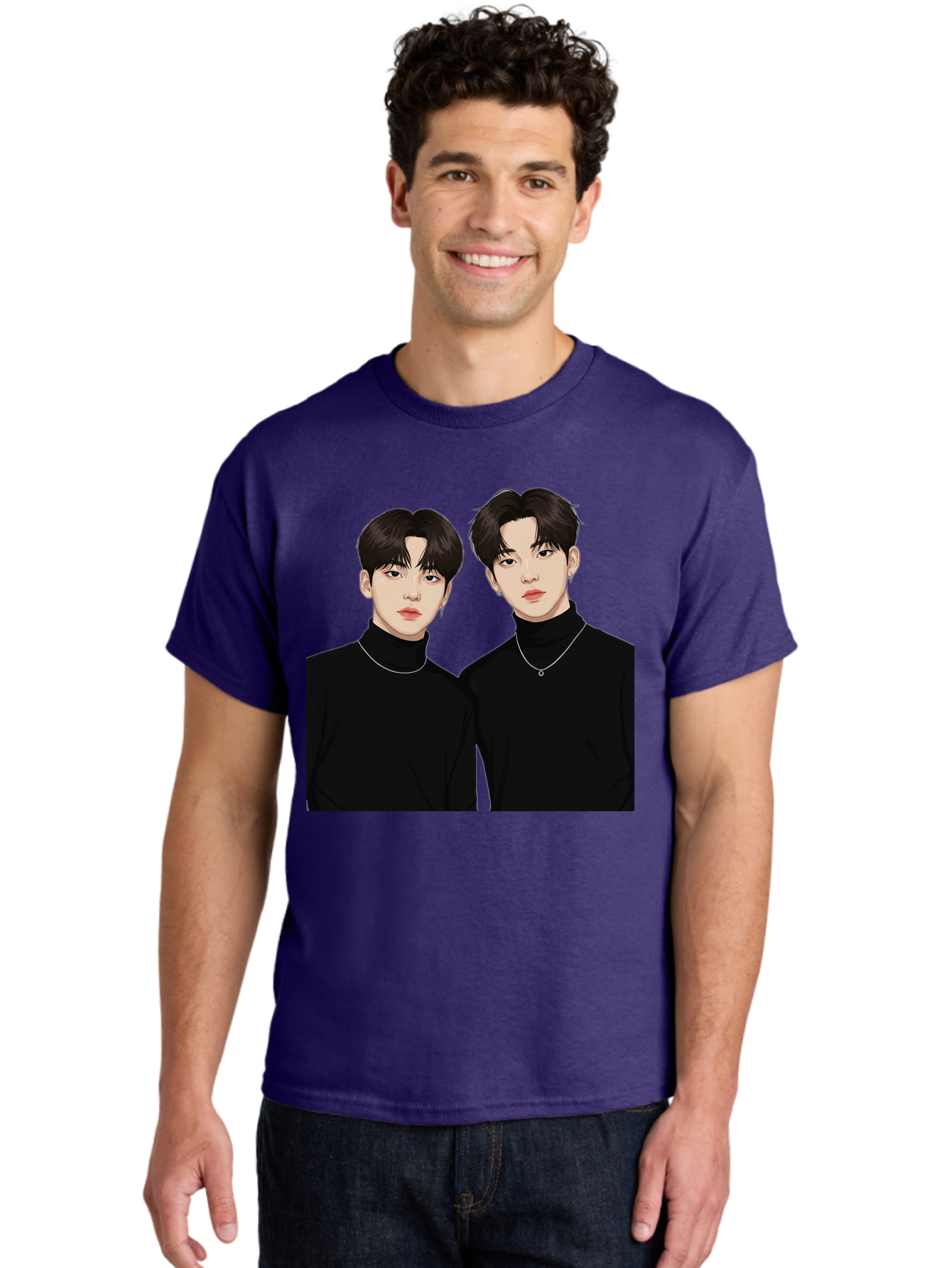 Twin-Guys Men'S Graphic Tee, 100% Cotton, Comfortable Casual Summer Wear, Machine Washable, K-Pop Idols, Male Duo, Black Turtlenecks, Silver Necklaces, Dark Hair, Digital Illustration, Pop Culture Icons, Modern Fashion, Stylish Accessories, Bac525 25