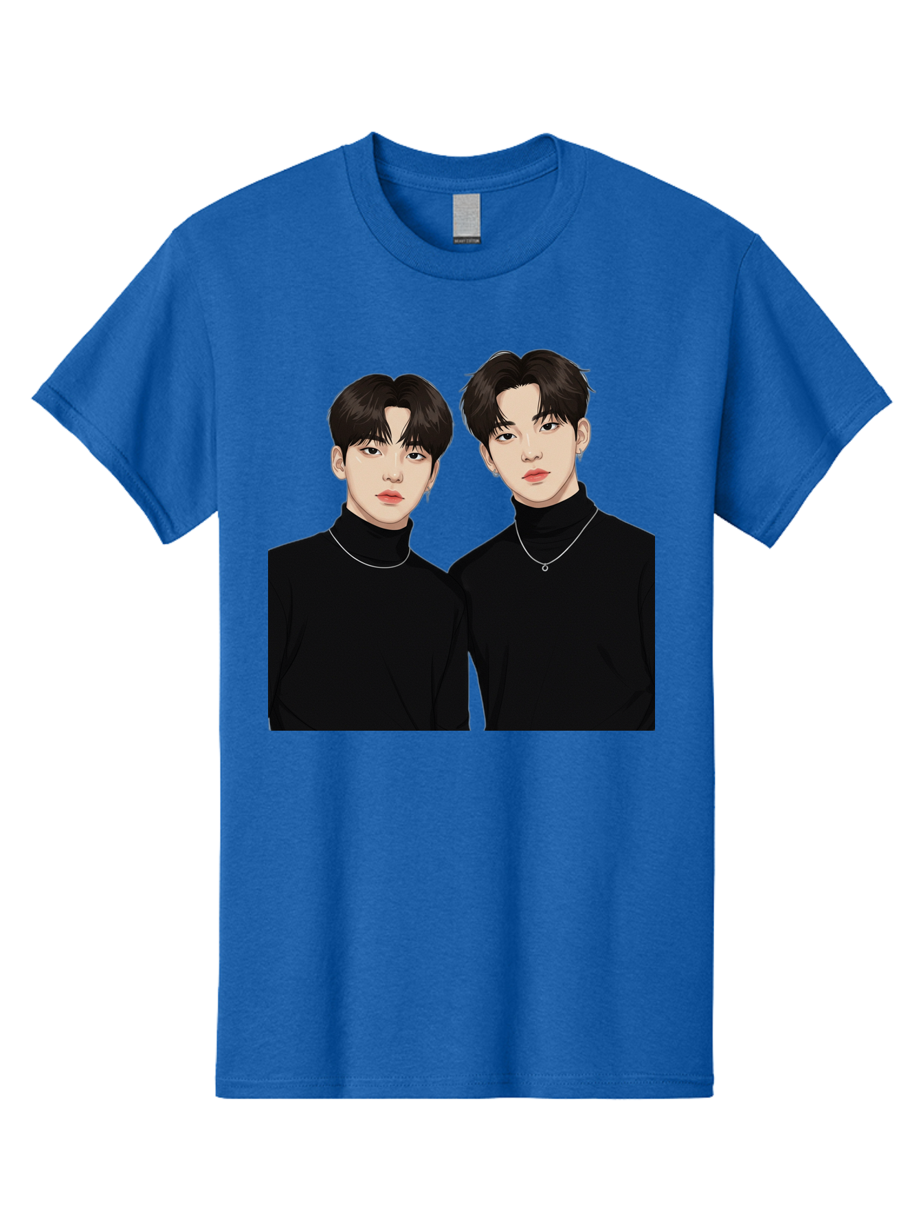 Twin-Guys Men'S Graphic Tee, 100% Cotton, Comfortable Casual Summer Wear, Machine Washable, K-Pop Idols, Male Duo, Black Turtlenecks, Silver Necklaces, Dark Hair, Digital Illustration, Pop Culture Icons, Modern Fashion, Stylish Accessories, Bac525 7