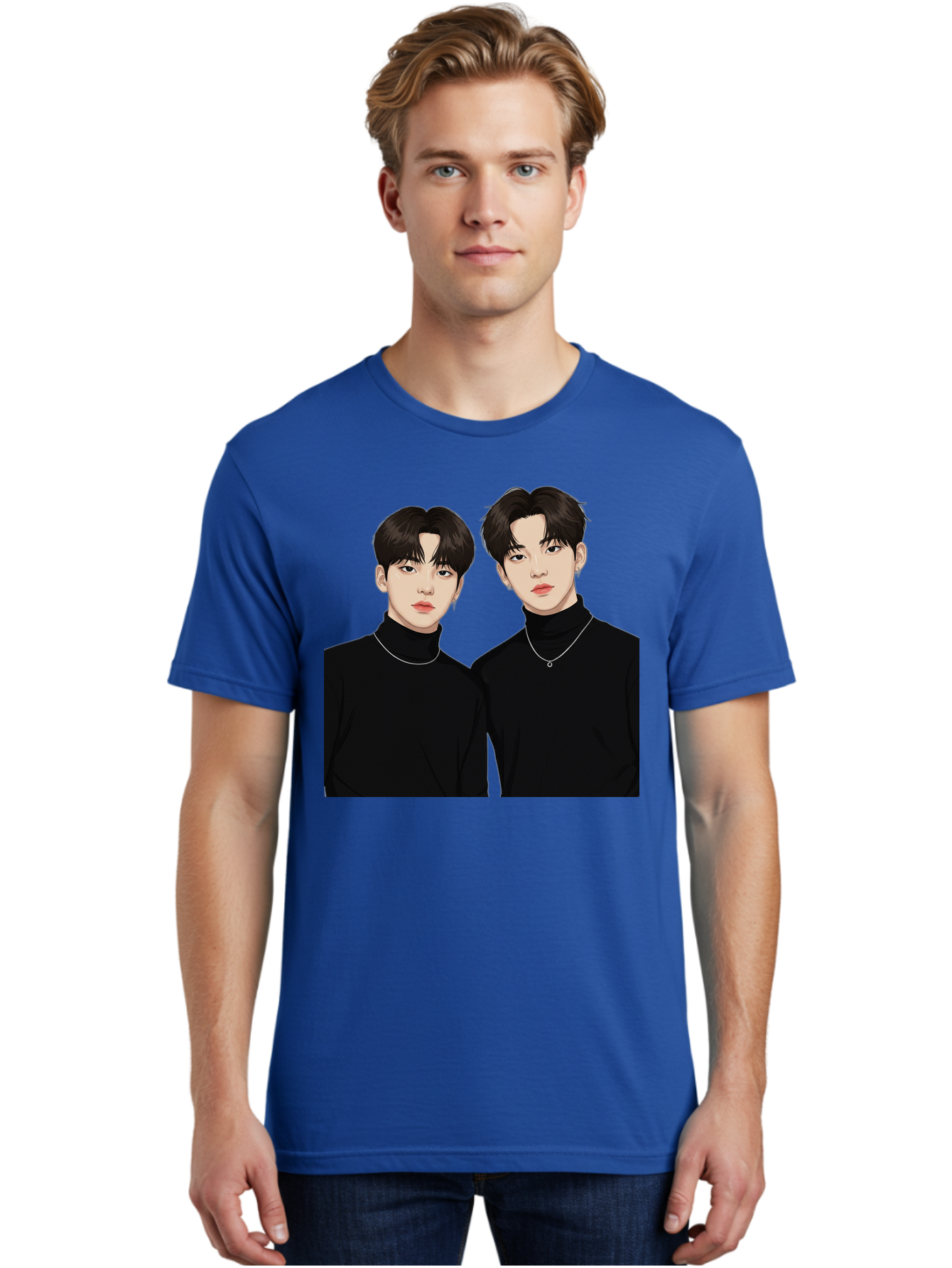Twin-Guys Men'S Graphic Tee, 100% Cotton, Comfortable Casual Summer Wear, Machine Washable, K-Pop Idols, Male Duo, Black Turtlenecks, Silver Necklaces, Dark Hair, Digital Illustration, Pop Culture Icons, Modern Fashion, Stylish Accessories, Bac525 22