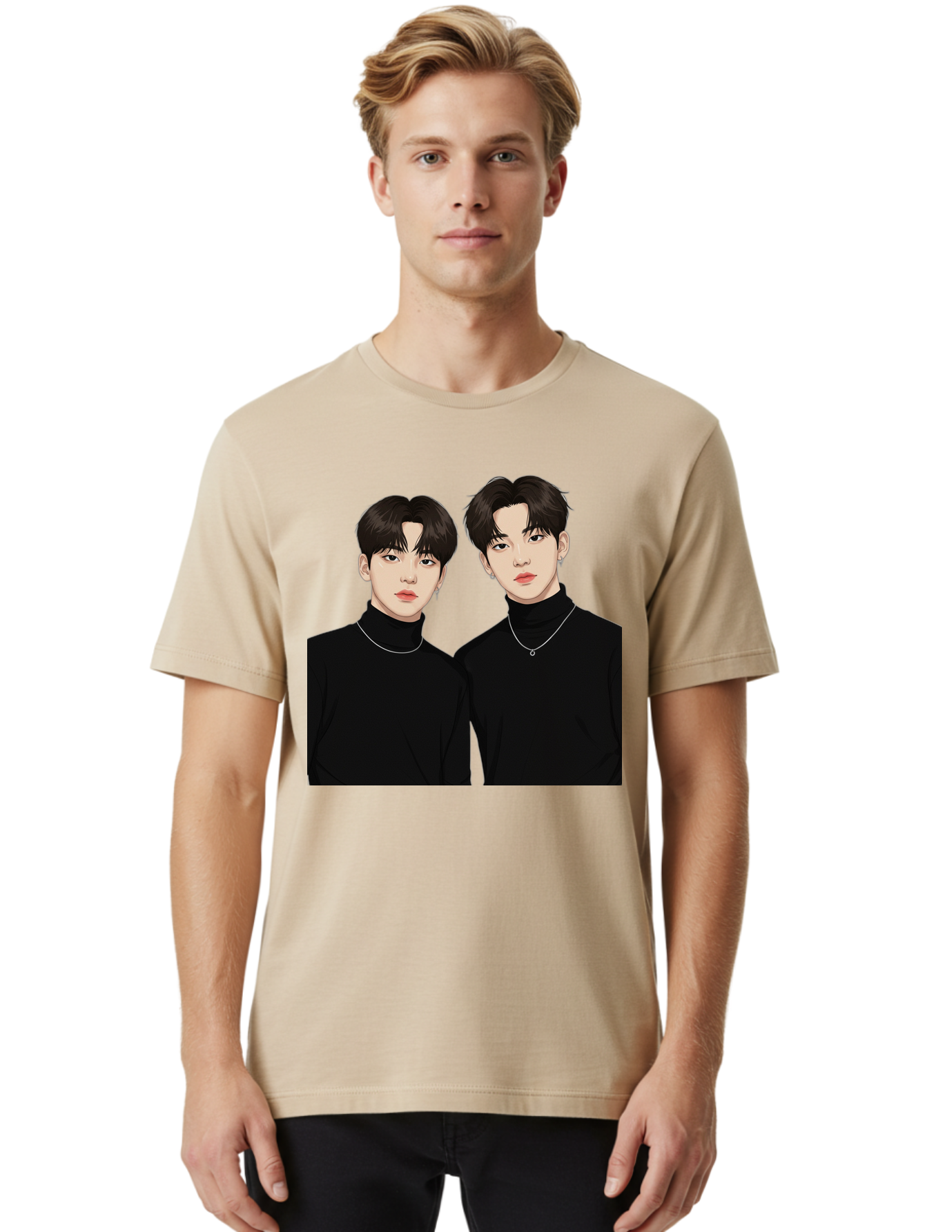Twin-Guys Men'S Graphic Tee, 100% Cotton, Comfortable Casual Summer Wear, Machine Washable, K-Pop Idols, Male Duo, Black Turtlenecks, Silver Necklaces, Dark Hair, Digital Illustration, Pop Culture Icons, Modern Fashion, Stylish Accessories, Bac525 24
