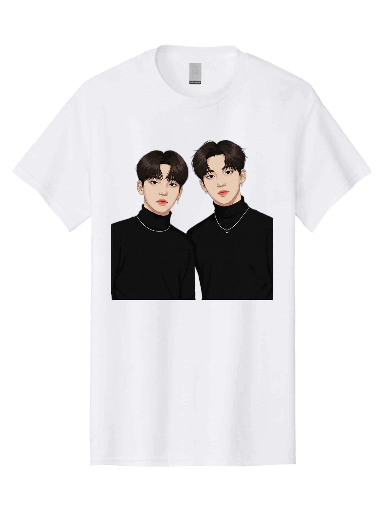 Twin-Guys Men'S Graphic Tee, 100% Cotton, Comfortable Casual Summer Wear, Machine Washable, K-Pop Idols, Male Duo, Black Turtlenecks, Silver Necklaces, Dark Hair, Digital Illustration, Pop Culture Icons, Modern Fashion, Stylish Accessories, Bac525 15