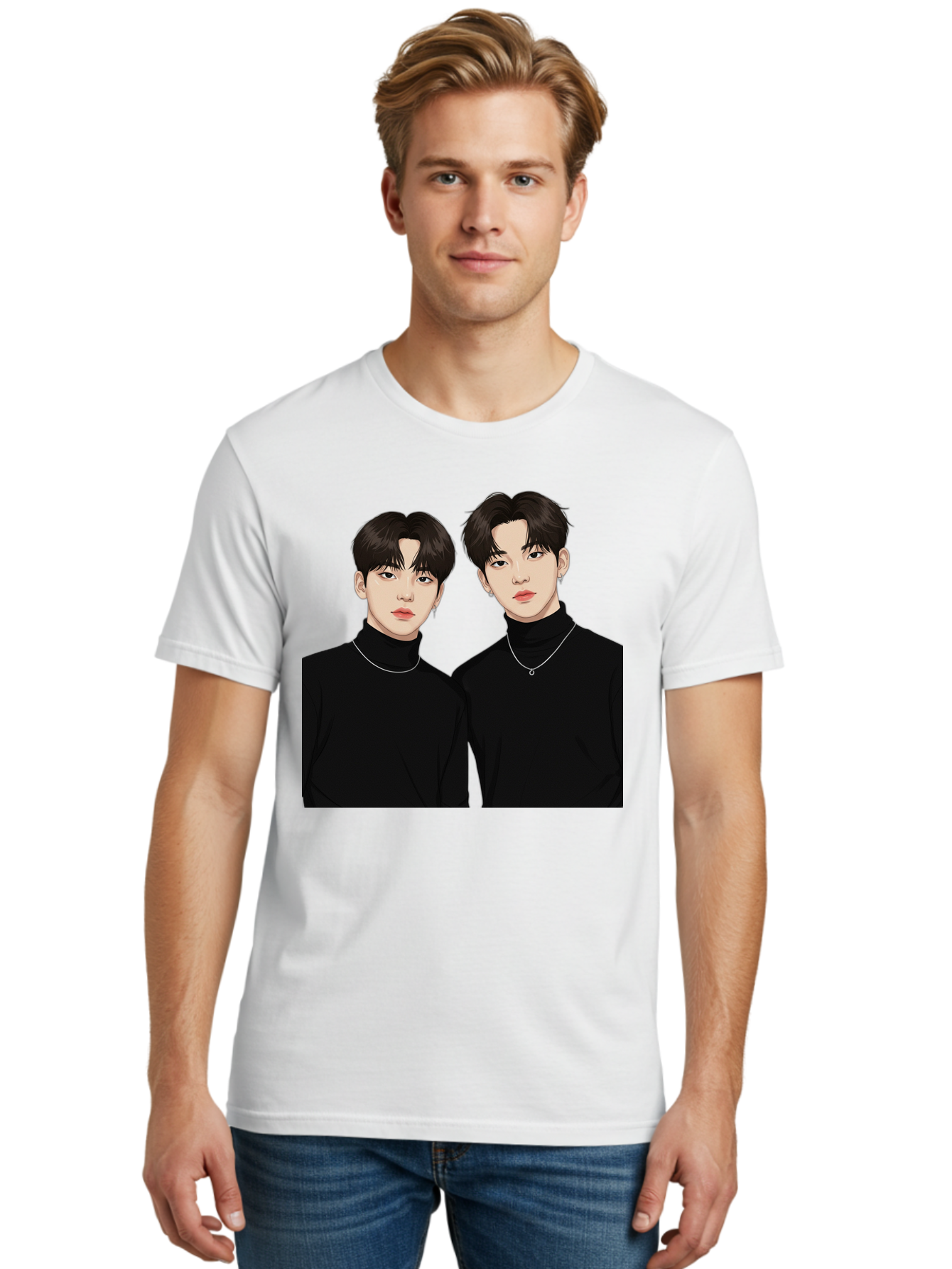 Twin-Guys Men'S Graphic Tee, 100% Cotton, Comfortable Casual Summer Wear, Machine Washable, K-Pop Idols, Male Duo, Black Turtlenecks, Silver Necklaces, Dark Hair, Digital Illustration, Pop Culture Icons, Modern Fashion, Stylish Accessories, Bac525 30