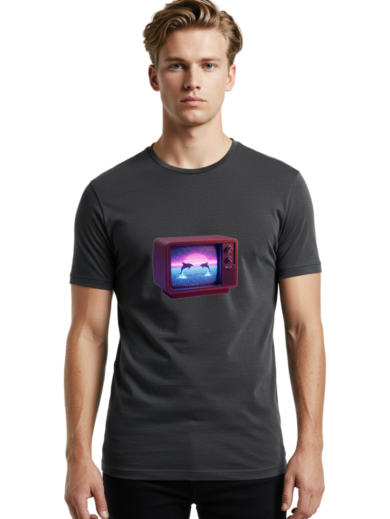 Two-Dolphins Men'S Graphic Tee, 100% Cotton, Comfortable Casual Summer Wear, Machine Washable, Retro Television, Vaporwave Aesthetic, Pixel Art, Dolphins, Sunset, 80S Nostalgia, Pixelated Graphics, Synthwave, Retrofuturism, Old School Tv Bac526 30