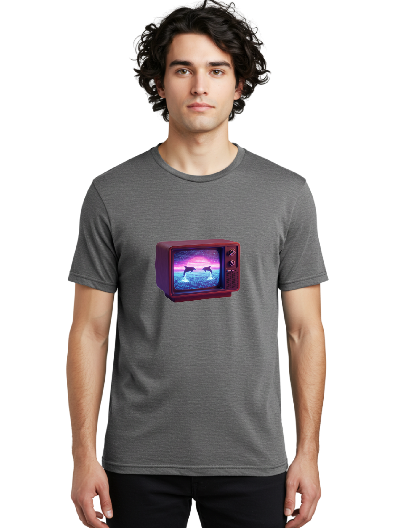 Two-Dolphins Men'S Graphic Tee, 100% Cotton, Comfortable Casual Summer Wear, Machine Washable, Retro Television, Vaporwave Aesthetic, Pixel Art, Dolphins, Sunset, 80S Nostalgia, Pixelated Graphics, Synthwave, Retrofuturism, Old School Tv Bac526 26
