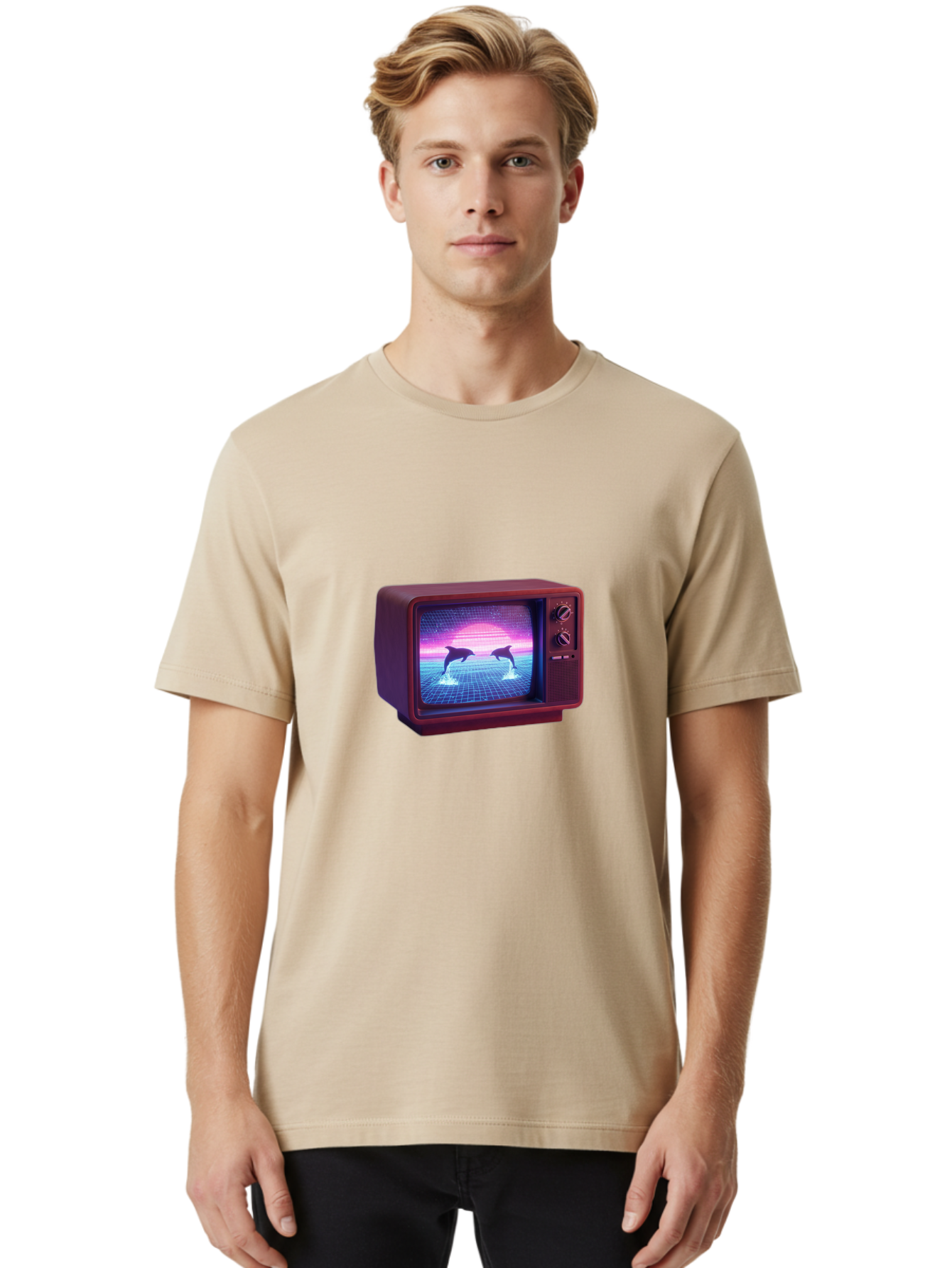 Two-Dolphins Men'S Graphic Tee, 100% Cotton, Comfortable Casual Summer Wear, Machine Washable, Retro Television, Vaporwave Aesthetic, Pixel Art, Dolphins, Sunset, 80S Nostalgia, Pixelated Graphics, Synthwave, Retrofuturism, Old School Tv Bac526 28