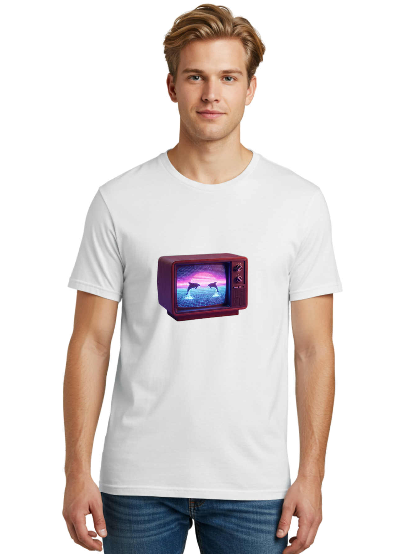 Two-Dolphins Men'S Graphic Tee, 100% Cotton, Comfortable Casual Summer Wear, Machine Washable, Retro Television, Vaporwave Aesthetic, Pixel Art, Dolphins, Sunset, 80S Nostalgia, Pixelated Graphics, Synthwave, Retrofuturism, Old School Tv Bac526 16