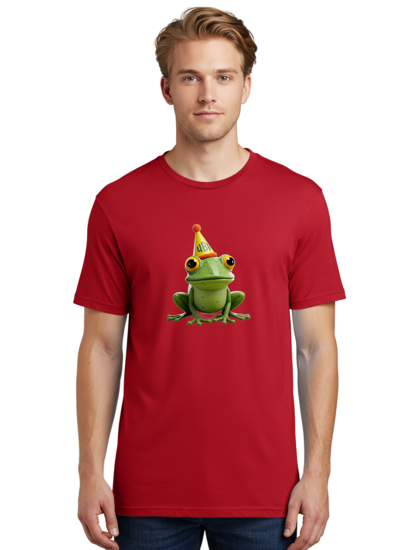 Ube-Frog Men'S Graphic Tee, 100% Cotton, Comfortable Casual Summer Wear, Machine Washable, Cartoon Frog, Party Hat, Funny Animal, Quirky Character, Amusement, Comical Illustration, Festive Vibe, Humor, Meme Inspiration, Entertaining Graphic Bac530 30
