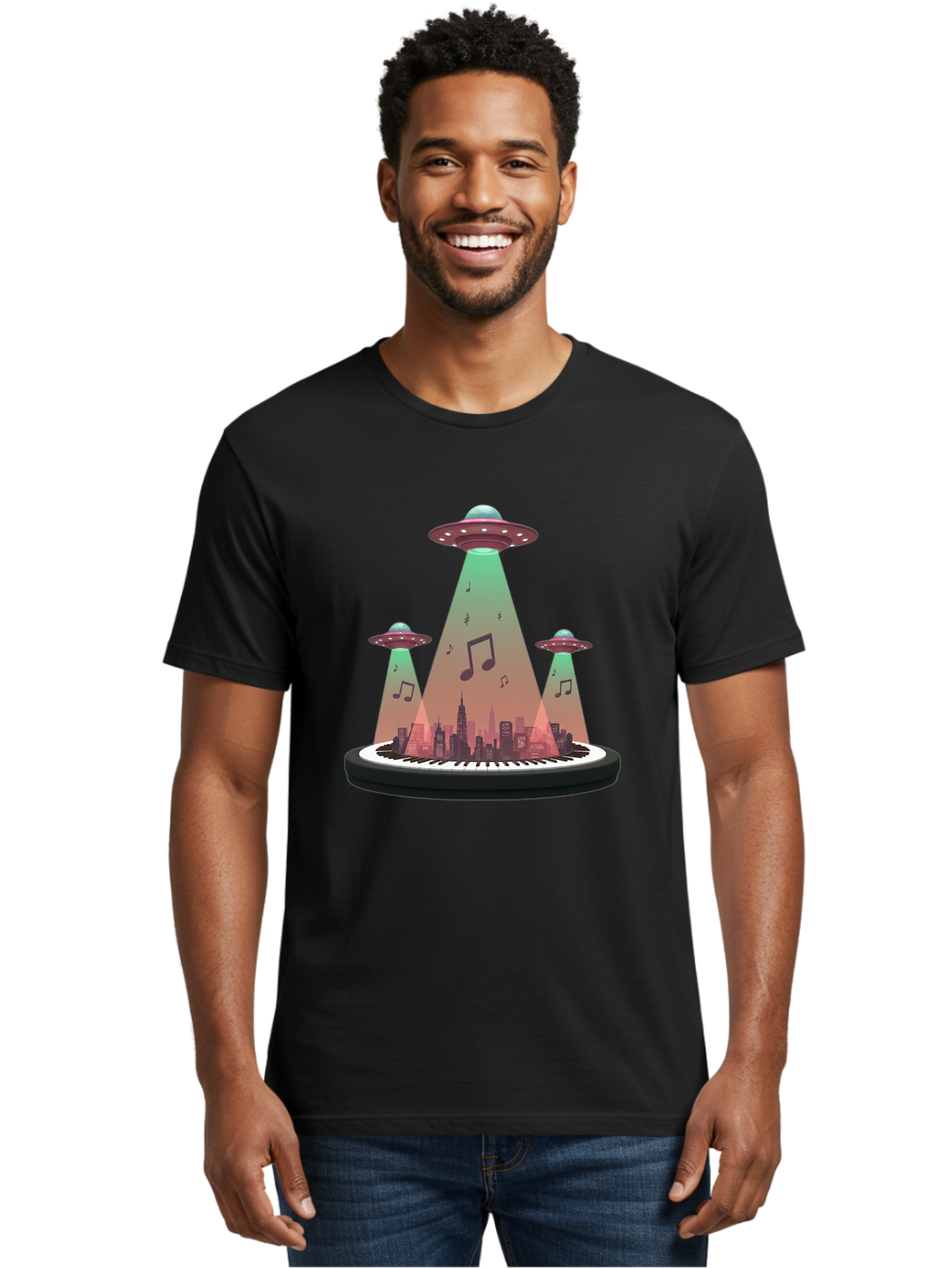 Ufos-Over-City-2 Men'S Graphic Tee, 100% Cotton, Comfortable Casual Summer Wear, Machine Washable, Ufos Hovering Over City, Music Notes, Piano Keyboard, Science Fiction, Futuristic Atmosphere, Extraterrestrial Life, Urban Landscape, Bac540 20