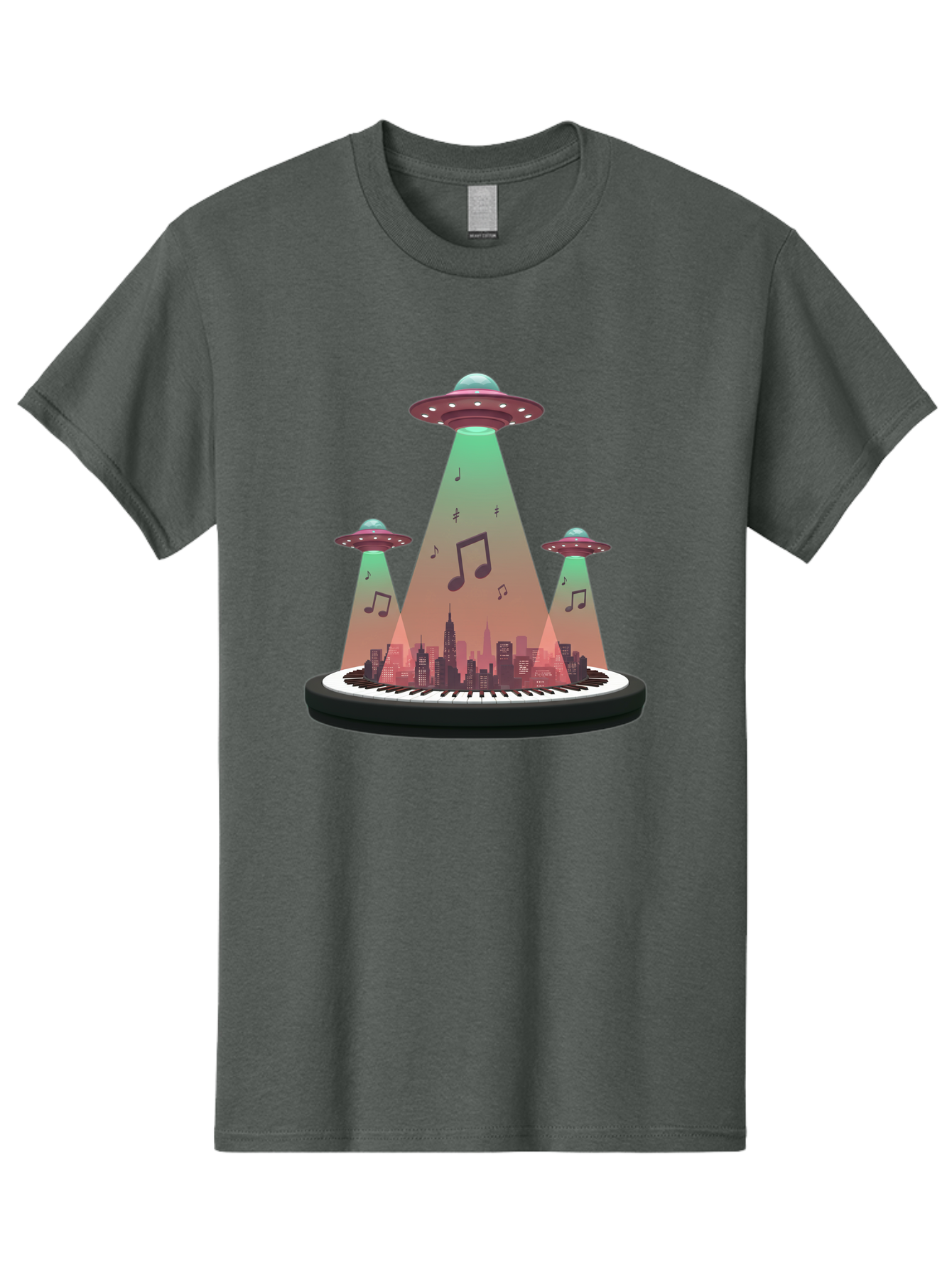 Ufos-Over-City-2 Men'S Graphic Tee, 100% Cotton, Comfortable Casual Summer Wear, Machine Washable, Ufos Hovering Over City, Music Notes, Piano Keyboard, Science Fiction, Futuristic Atmosphere, Extraterrestrial Life, Urban Landscape, Bac540 1