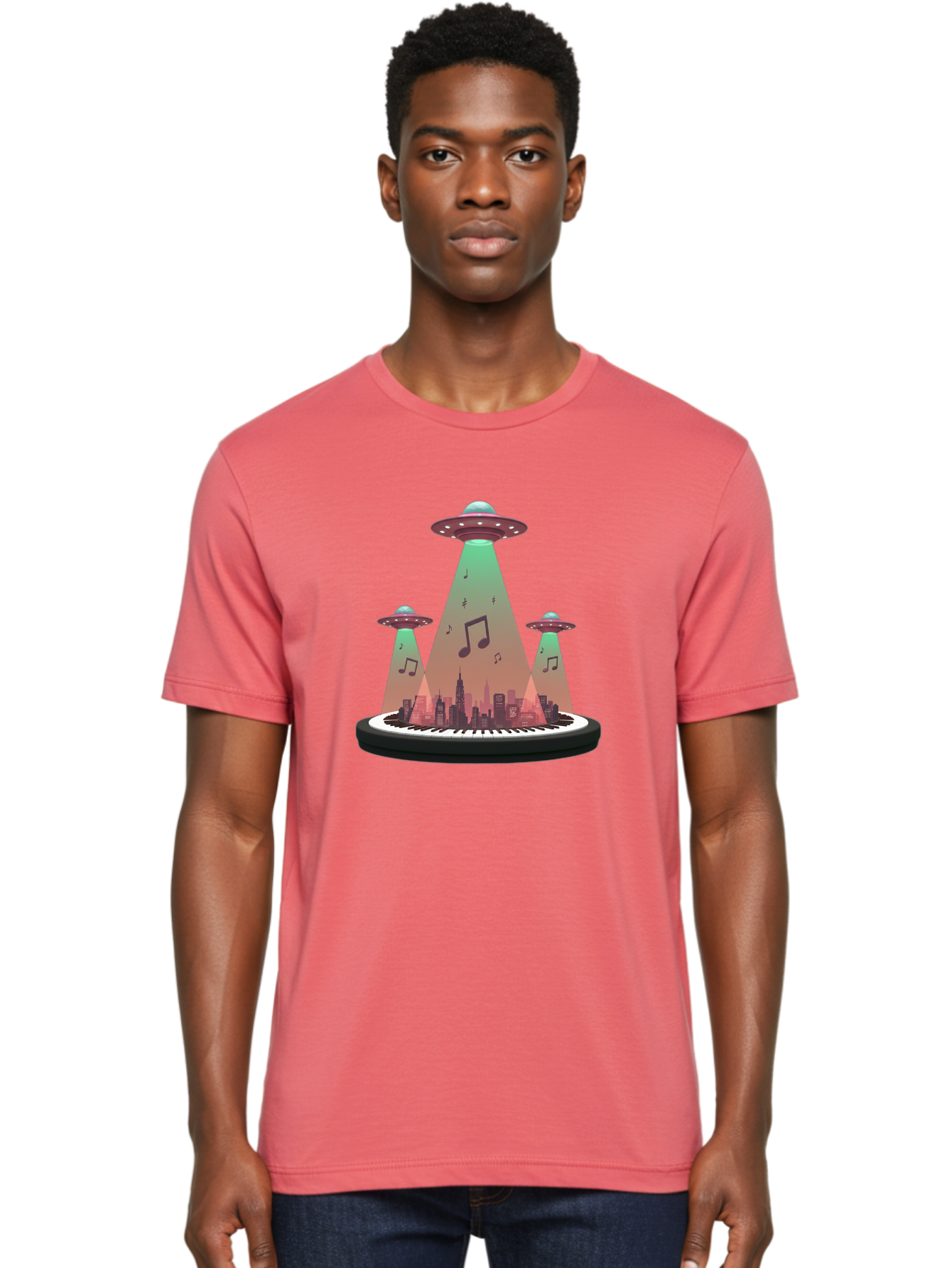 Ufos-Over-City-2 Men'S Graphic Tee, 100% Cotton, Comfortable Casual Summer Wear, Machine Washable, Ufos Hovering Over City, Music Notes, Piano Keyboard, Science Fiction, Futuristic Atmosphere, Extraterrestrial Life, Urban Landscape, Bac540 17