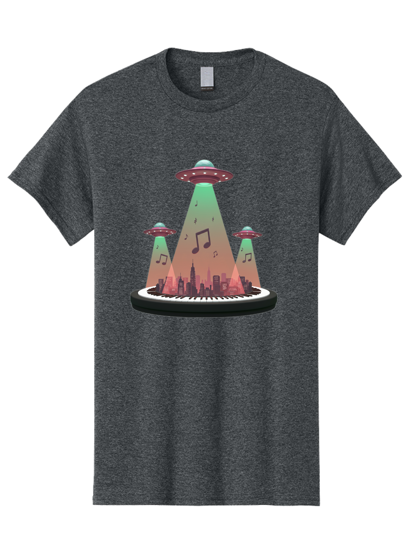 Ufos-Over-City-2 Men'S Graphic Tee, 100% Cotton, Comfortable Casual Summer Wear, Machine Washable, Ufos Hovering Over City, Music Notes, Piano Keyboard, Science Fiction, Futuristic Atmosphere, Extraterrestrial Life, Urban Landscape, Bac540 12