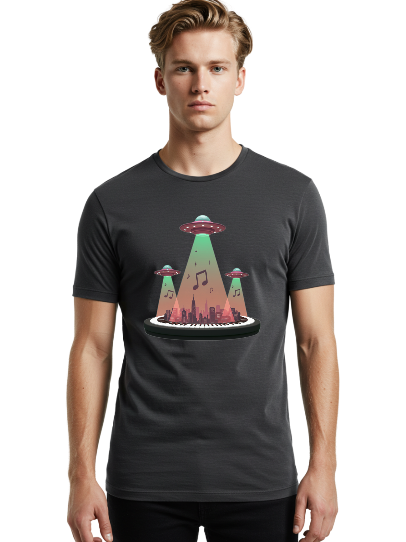 Ufos-Over-City-2 Men'S Graphic Tee, 100% Cotton, Comfortable Casual Summer Wear, Machine Washable, Ufos Hovering Over City, Music Notes, Piano Keyboard, Science Fiction, Futuristic Atmosphere, Extraterrestrial Life, Urban Landscape, Bac540 27