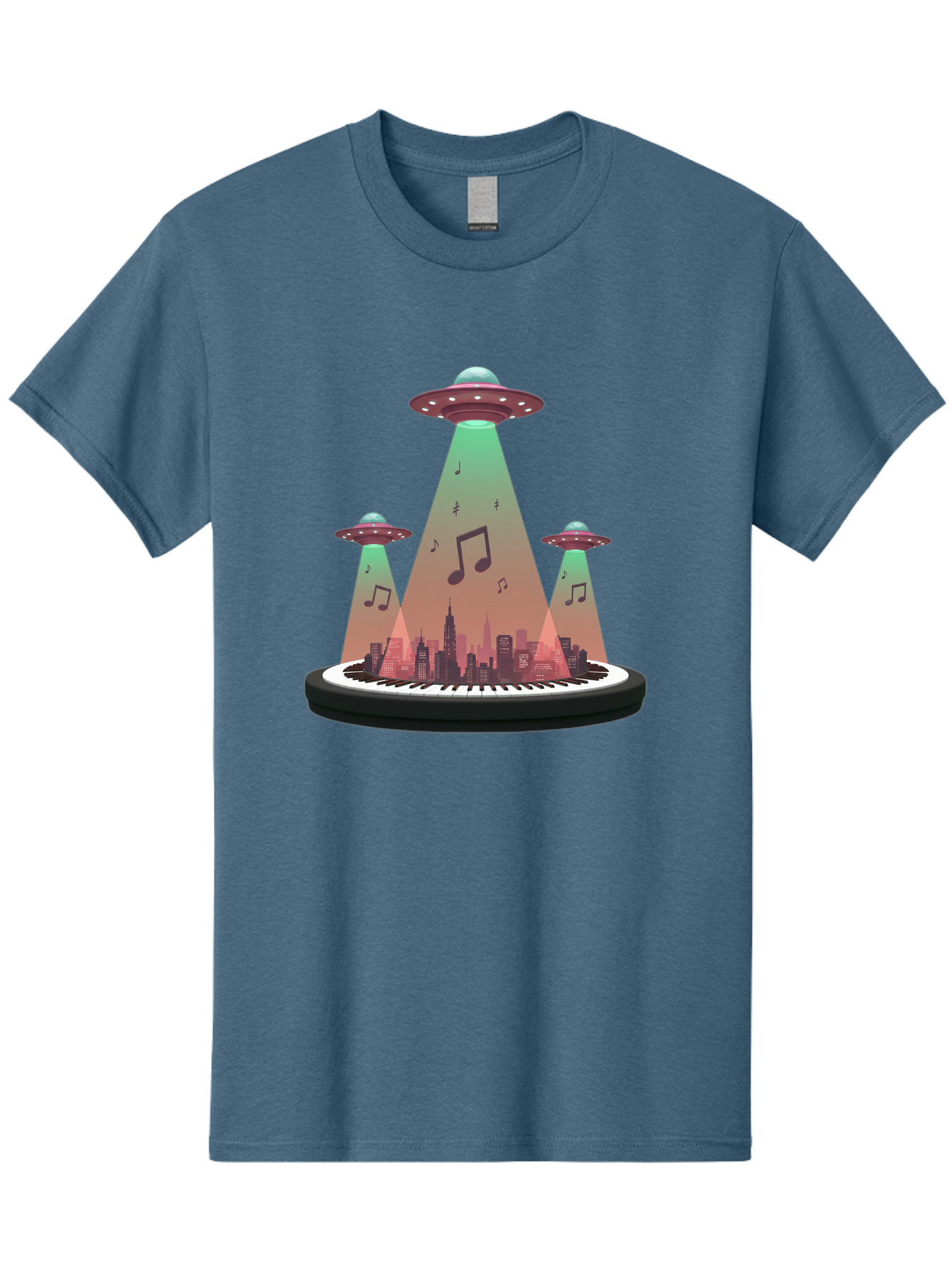 Ufos-Over-City-2 Men'S Graphic Tee, 100% Cotton, Comfortable Casual Summer Wear, Machine Washable, Ufos Hovering Over City, Music Notes, Piano Keyboard, Science Fiction, Futuristic Atmosphere, Extraterrestrial Life, Urban Landscape, Bac540 13