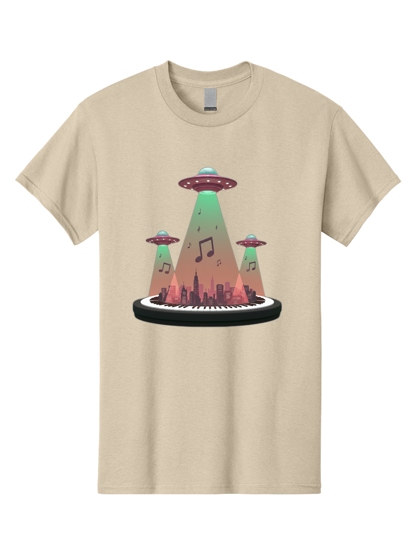 Ufos-Over-City-2 Men'S Graphic Tee, 100% Cotton, Comfortable Casual Summer Wear, Machine Washable, Ufos Hovering Over City, Music Notes, Piano Keyboard, Science Fiction, Futuristic Atmosphere, Extraterrestrial Life, Urban Landscape, Bac540 6