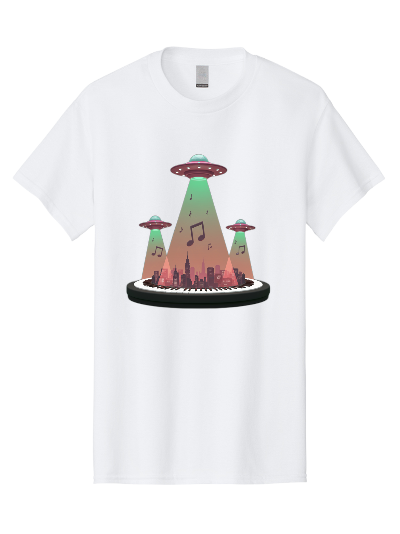 Ufos-Over-City-2 Men'S Graphic Tee, 100% Cotton, Comfortable Casual Summer Wear, Machine Washable, Ufos Hovering Over City, Music Notes, Piano Keyboard, Science Fiction, Futuristic Atmosphere, Extraterrestrial Life, Urban Landscape, Bac540 4