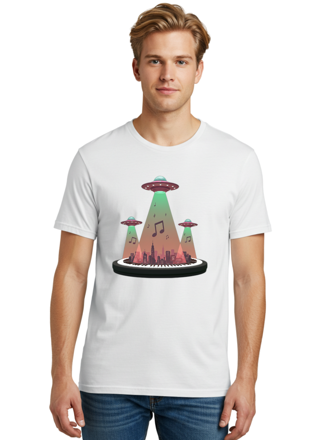 Ufos-Over-City-2 Men'S Graphic Tee, 100% Cotton, Comfortable Casual Summer Wear, Machine Washable, Ufos Hovering Over City, Music Notes, Piano Keyboard, Science Fiction, Futuristic Atmosphere, Extraterrestrial Life, Urban Landscape, Bac540 19