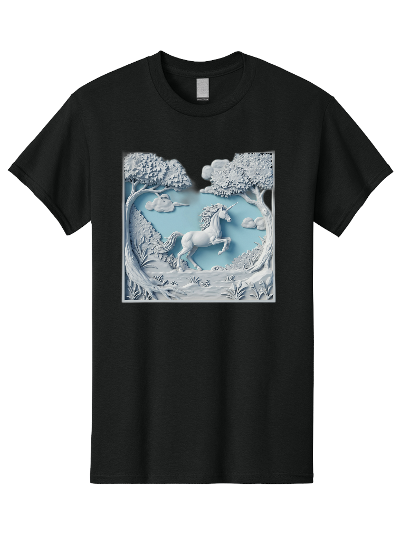 Unicorn Men'S Graphic Tee, 100% Cotton, Comfortable Casual Summer Wear, Machine Washable, Unicorn Running, Mythical Creatures, 3D Art, Fantasy Animals, Magical Realism, White Unicorn, Serene Landscape, Trees, Clouds, Whimsical Scene, Bac543 3