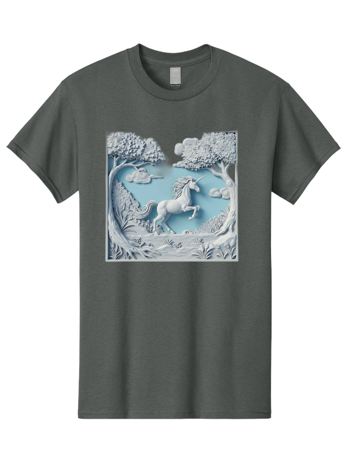 Unicorn Men'S Graphic Tee, 100% Cotton, Comfortable Casual Summer Wear, Machine Washable, Unicorn Running, Mythical Creatures, 3D Art, Fantasy Animals, Magical Realism, White Unicorn, Serene Landscape, Trees, Clouds, Whimsical Scene, Bac543 4