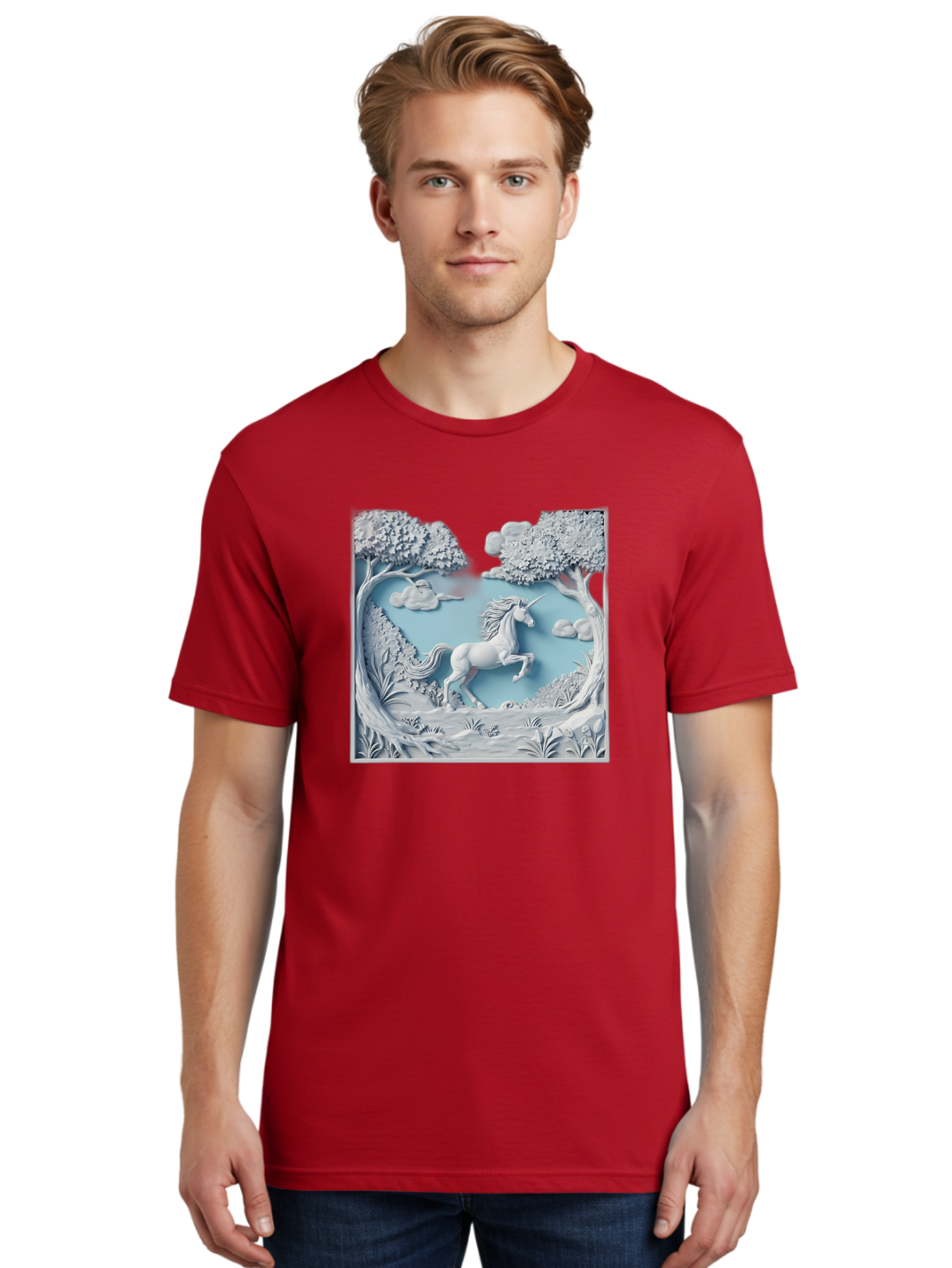 Unicorn Men'S Graphic Tee, 100% Cotton, Comfortable Casual Summer Wear, Machine Washable, Unicorn Running, Mythical Creatures, 3D Art, Fantasy Animals, Magical Realism, White Unicorn, Serene Landscape, Trees, Clouds, Whimsical Scene, Bac543 28