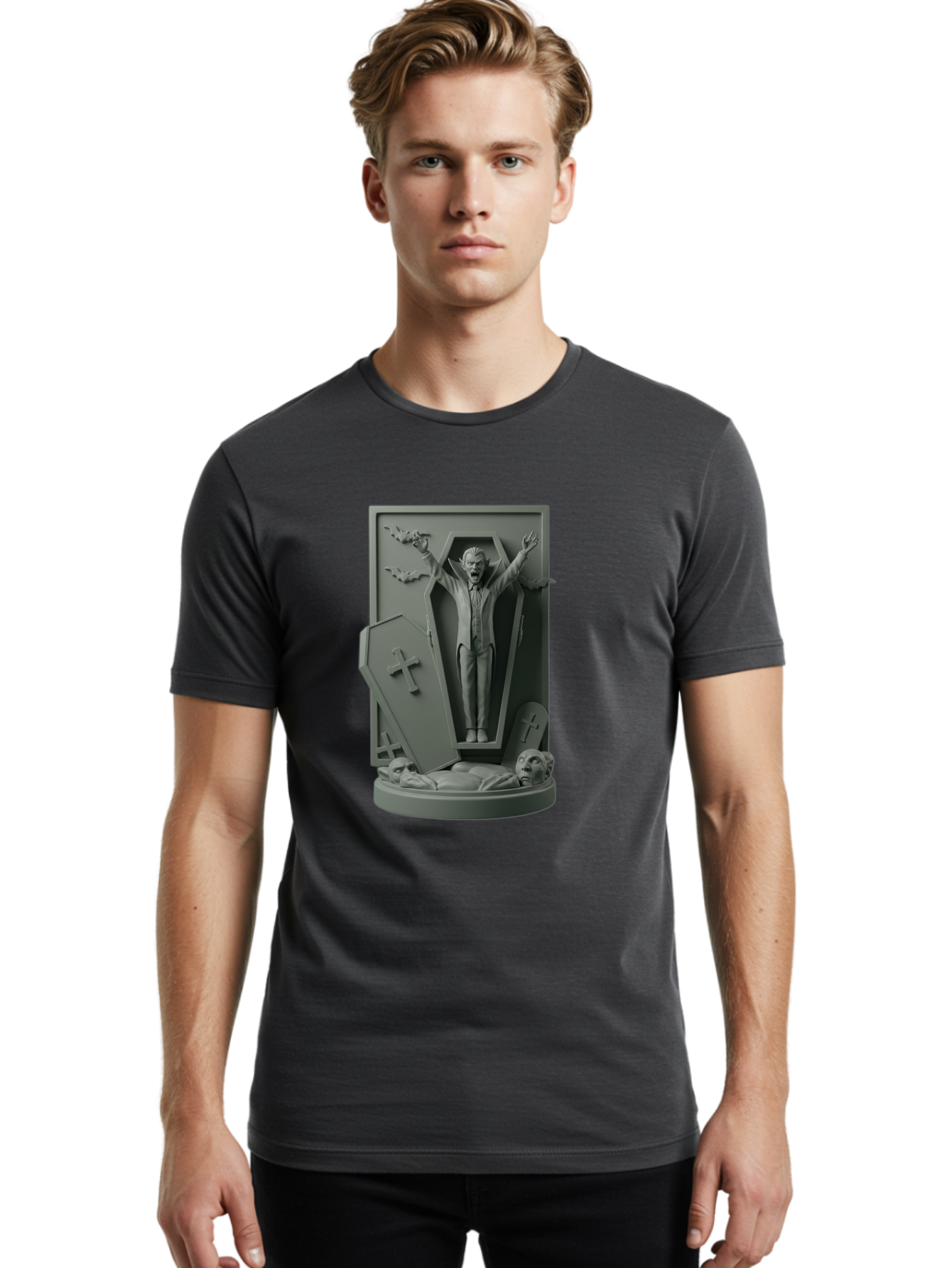 Vampire-Rising Men'S Graphic Tee, 100% Cotton, Comfortable Casual Summer Wear, Machine Washable, Vampire Rising From Coffin, Undead Creature, Horror Theme, Spooky Atmosphere, Bats Flying, Cross Symbol, Undead Rising, Gothic Style, Bac544 25