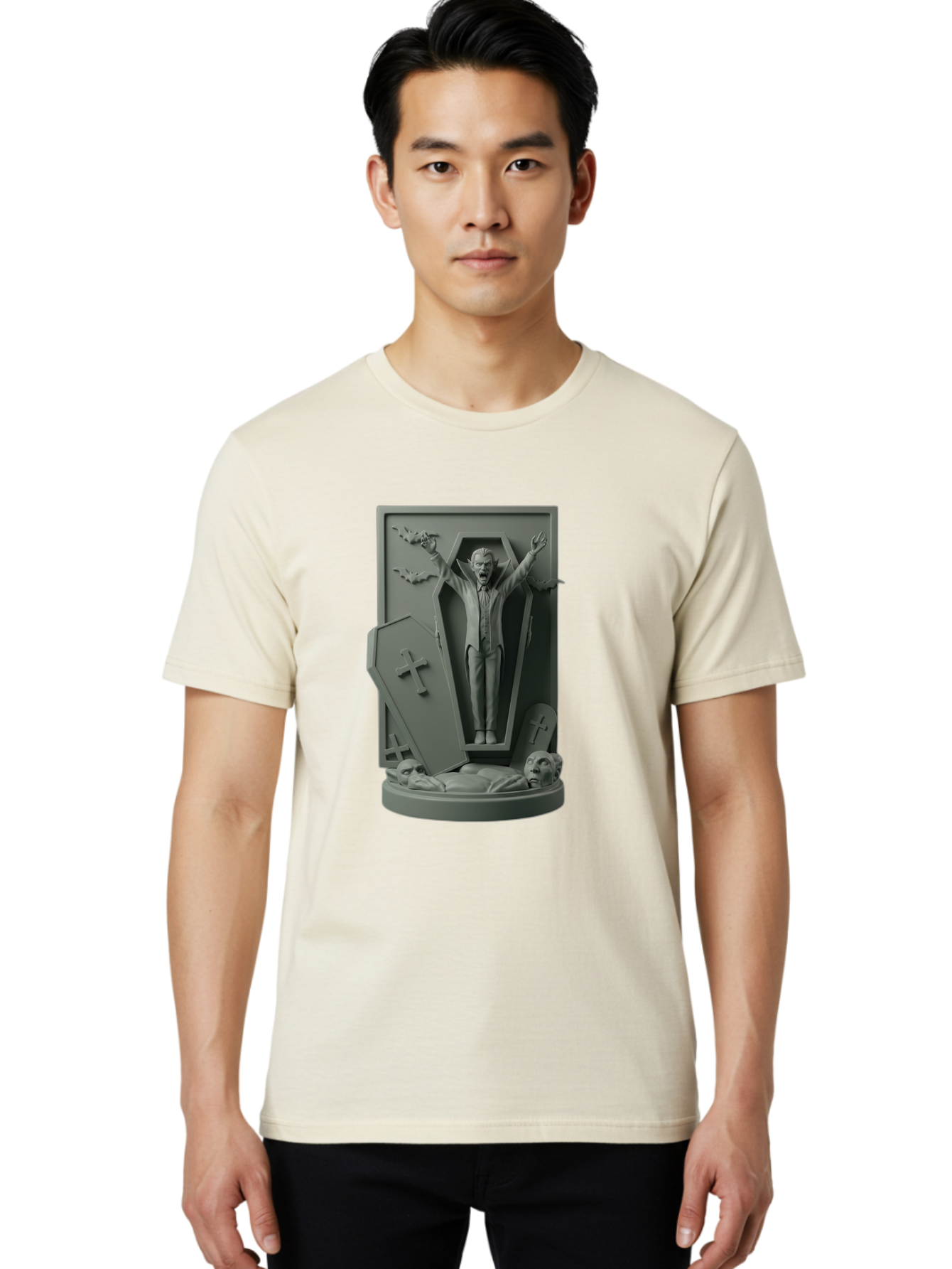 Vampire-Rising Men'S Graphic Tee, 100% Cotton, Comfortable Casual Summer Wear, Machine Washable, Vampire Rising From Coffin, Undead Creature, Horror Theme, Spooky Atmosphere, Bats Flying, Cross Symbol, Undead Rising, Gothic Style, Bac544 21