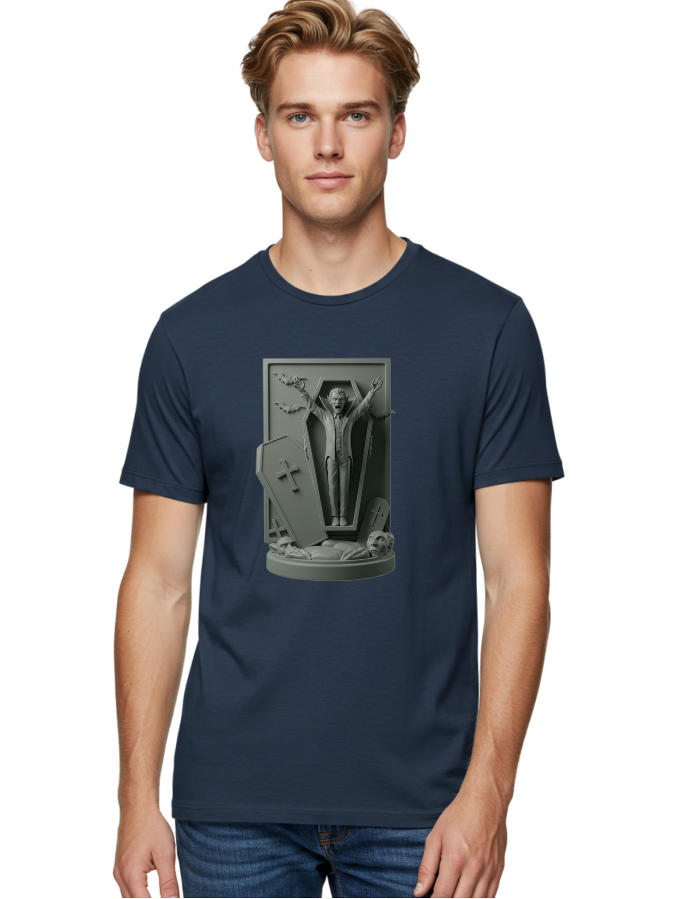 Vampire-Rising Men'S Graphic Tee, 100% Cotton, Comfortable Casual Summer Wear, Machine Washable, Vampire Rising From Coffin, Undead Creature, Horror Theme, Spooky Atmosphere, Bats Flying, Cross Symbol, Undead Rising, Gothic Style, Bac544 29