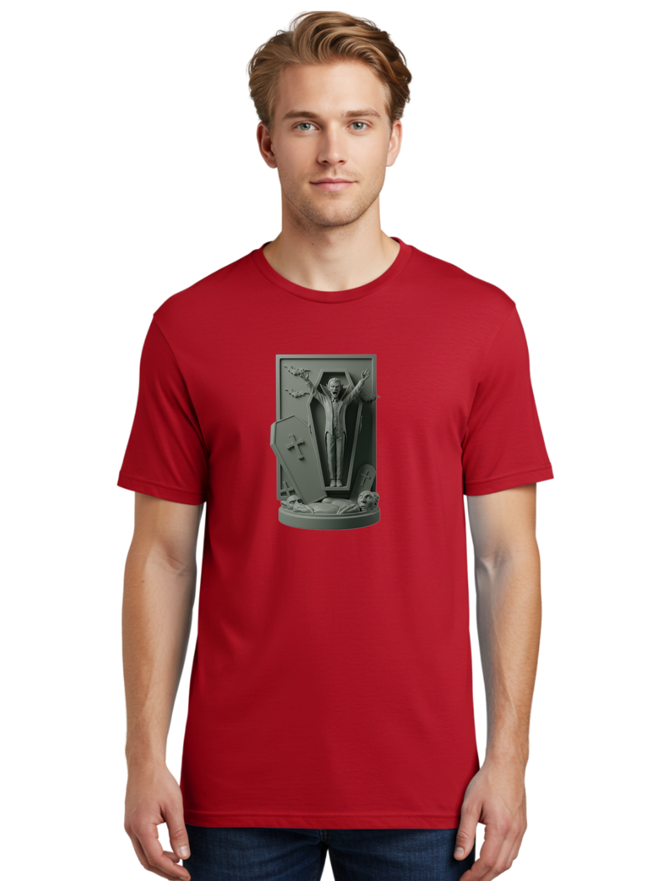 Vampire-Rising Men'S Graphic Tee, 100% Cotton, Comfortable Casual Summer Wear, Machine Washable, Vampire Rising From Coffin, Undead Creature, Horror Theme, Spooky Atmosphere, Bats Flying, Cross Symbol, Undead Rising, Gothic Style, Bac544 20