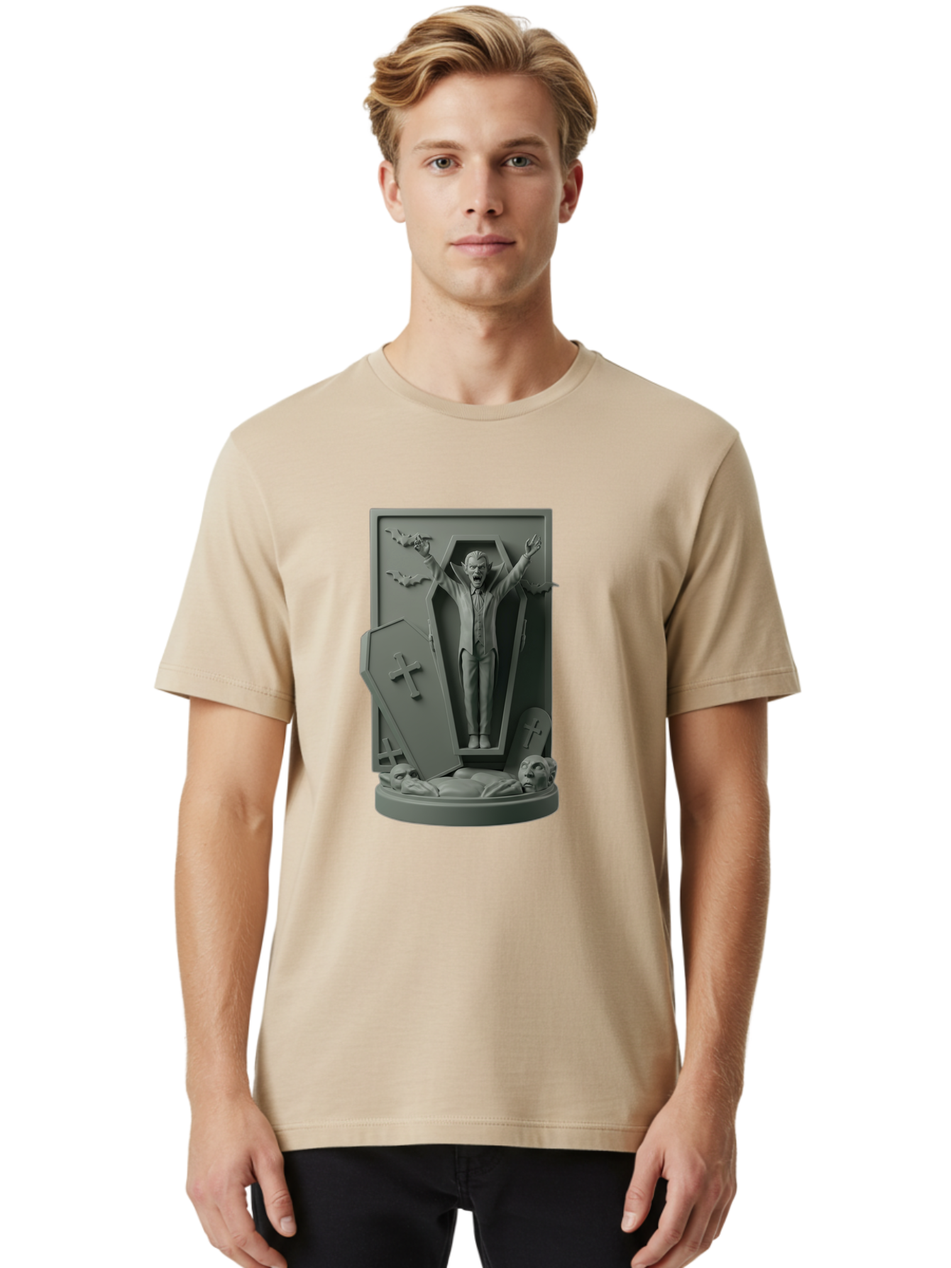 Vampire-Rising Men'S Graphic Tee, 100% Cotton, Comfortable Casual Summer Wear, Machine Washable, Vampire Rising From Coffin, Undead Creature, Horror Theme, Spooky Atmosphere, Bats Flying, Cross Symbol, Undead Rising, Gothic Style, Bac544 24