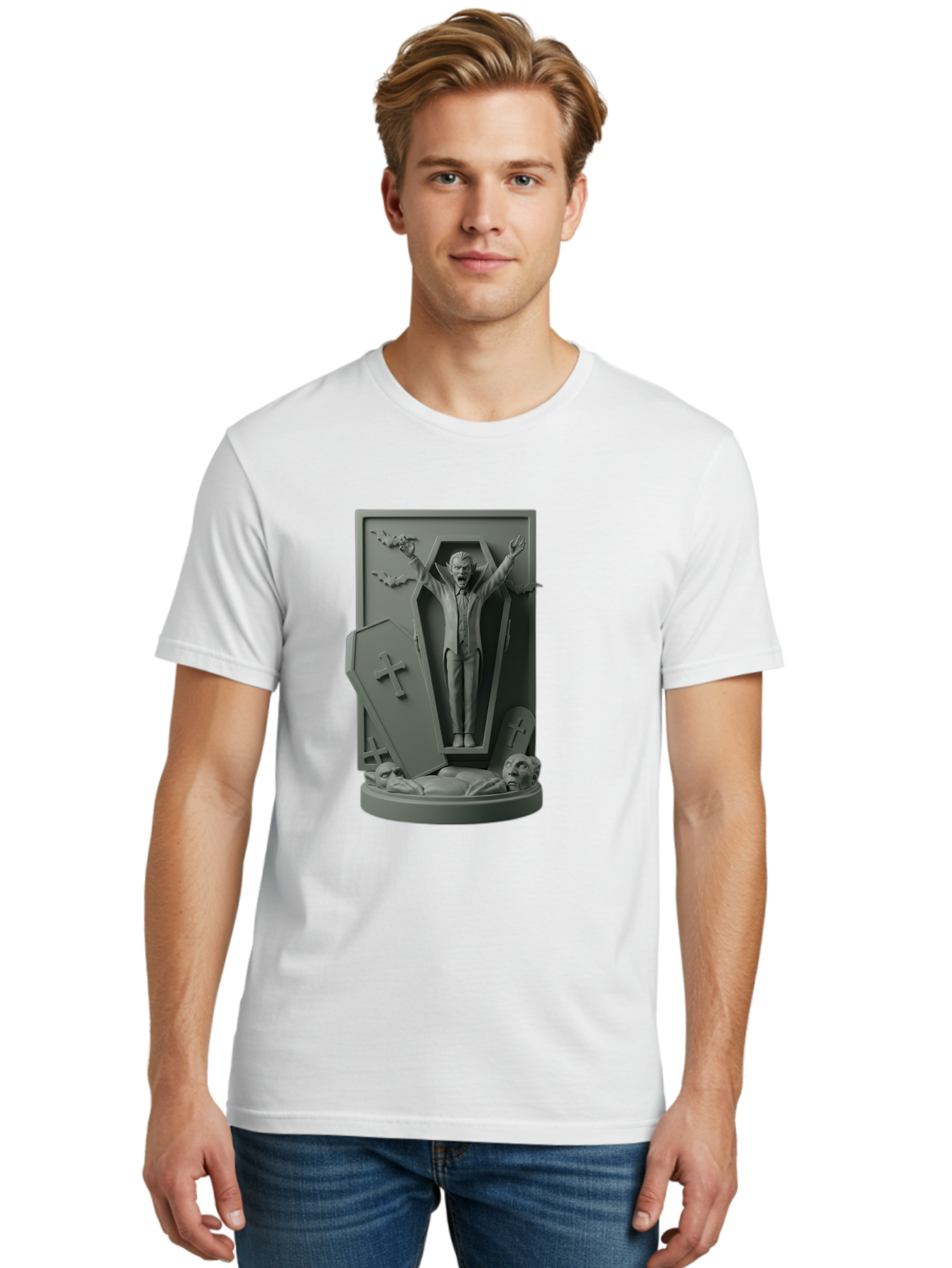 Vampire-Rising Men'S Graphic Tee, 100% Cotton, Comfortable Casual Summer Wear, Machine Washable, Vampire Rising From Coffin, Undead Creature, Horror Theme, Spooky Atmosphere, Bats Flying, Cross Symbol, Undead Rising, Gothic Style, Bac544 19