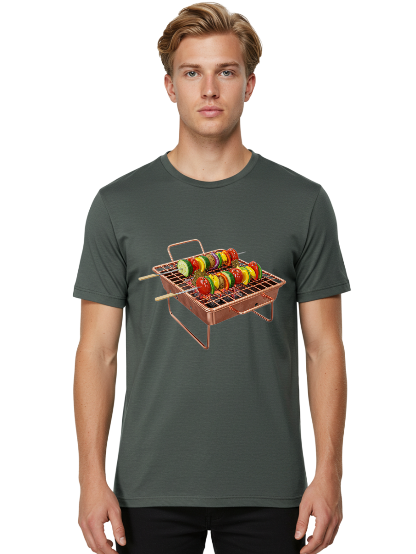 Vegetable-Skewers Men'S Graphic Tee, 100% Cotton, Comfortable Casual Summer Wear, Machine Washable, Grilled Vegetable Skewers, Skewers On Portable Grill, Fresh Vegetables, Outdoor Cooking, Barbecue, Healthy Eating, Vegetable Kebabs, Grilling Bac545 16