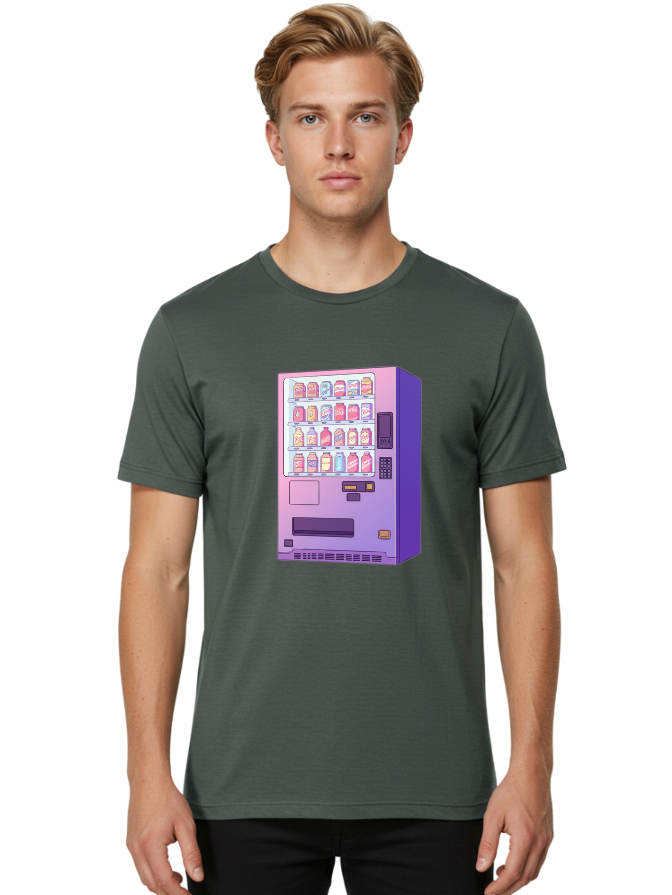 Vending-Machine Men'S Graphic Tee, 100% Cotton, Comfortable Casual Summer Wear, Machine Washable, Vending Machine, Soda Drinks, Colorful Cans, Vending Machine Interface, Automated Retail, Convenience Technology, Soft Drink Dispenser, Bac546 17