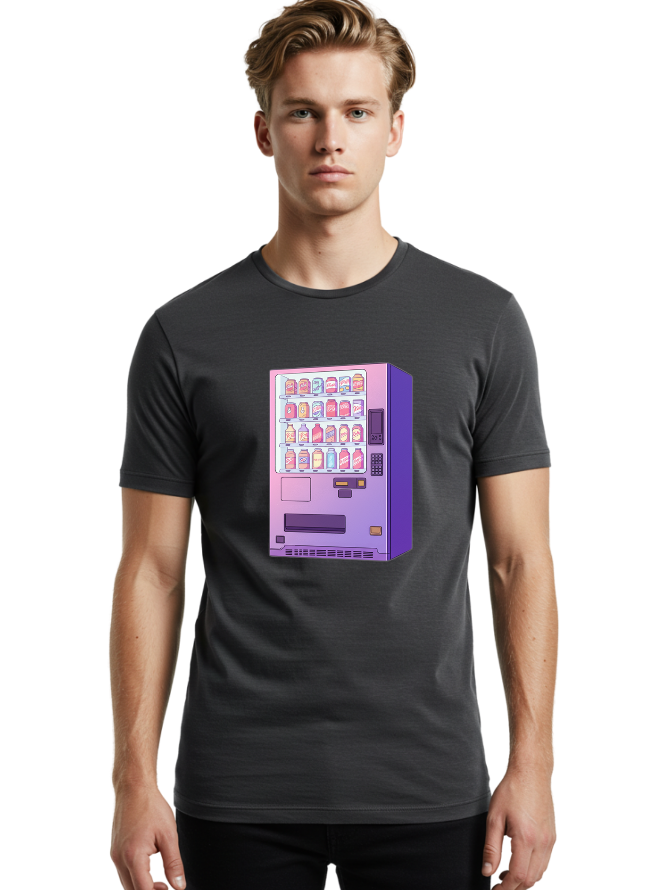 Vending-Machine Men'S Graphic Tee, 100% Cotton, Comfortable Casual Summer Wear, Machine Washable, Vending Machine, Soda Drinks, Colorful Cans, Vending Machine Interface, Automated Retail, Convenience Technology, Soft Drink Dispenser, Bac546 30