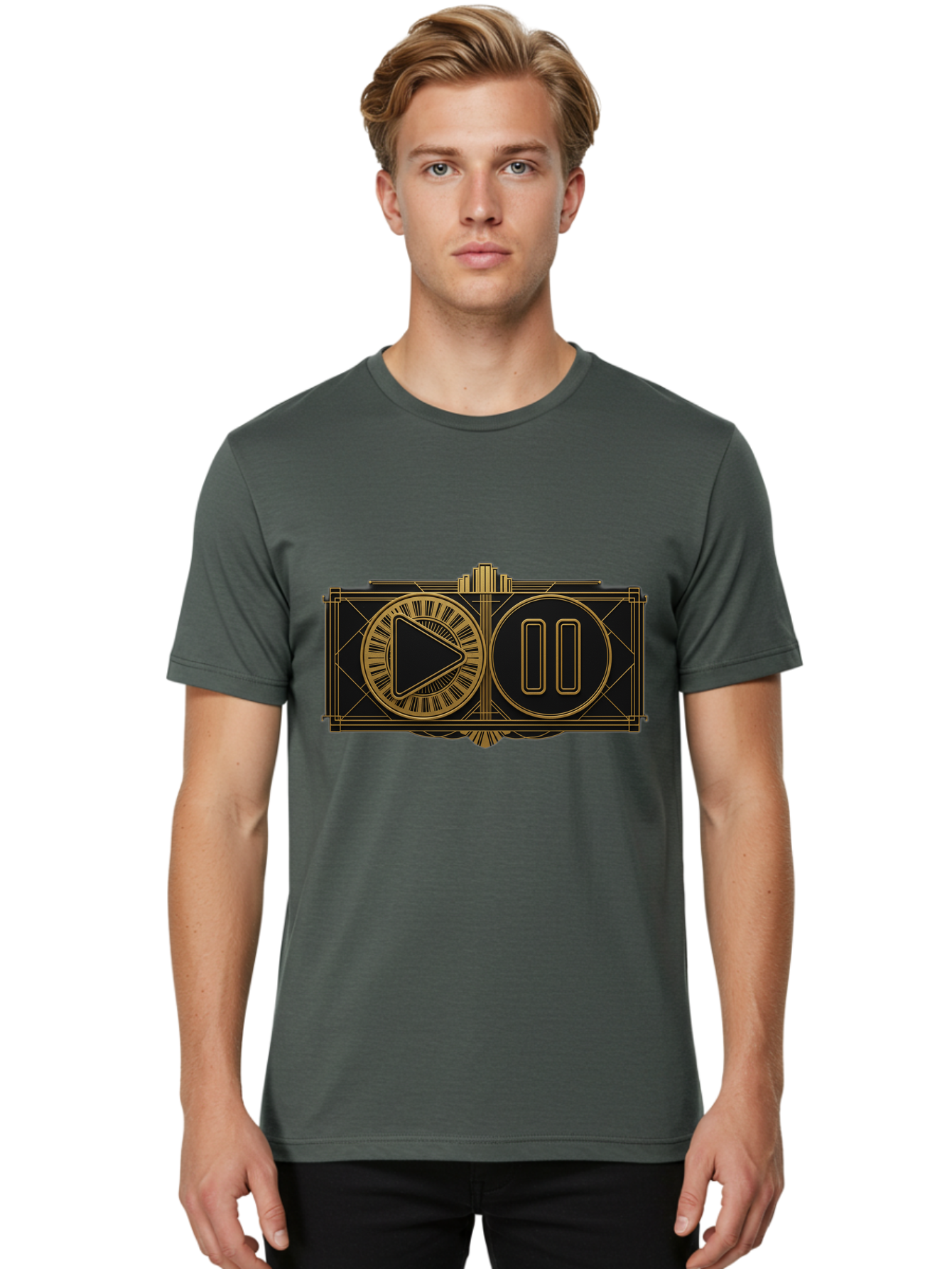 Video-Controls Men'S Graphic Tee, 100% Cotton, Comfortable Casual Summer Wear, Machine Washable, Play Button, Pause Button, Video Controls, Media Player, Gold Accents, Black Background, Modern Design, User Interface, Digital Media Bac547 23