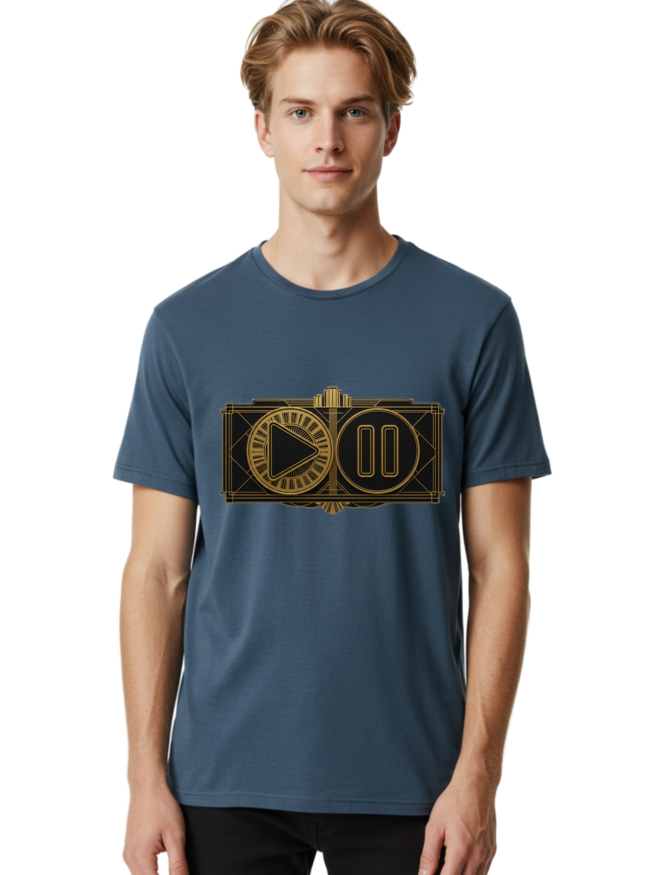 Video-Controls Men'S Graphic Tee, 100% Cotton, Comfortable Casual Summer Wear, Machine Washable, Play Button, Pause Button, Video Controls, Media Player, Gold Accents, Black Background, Modern Design, User Interface, Digital Media Bac547 18