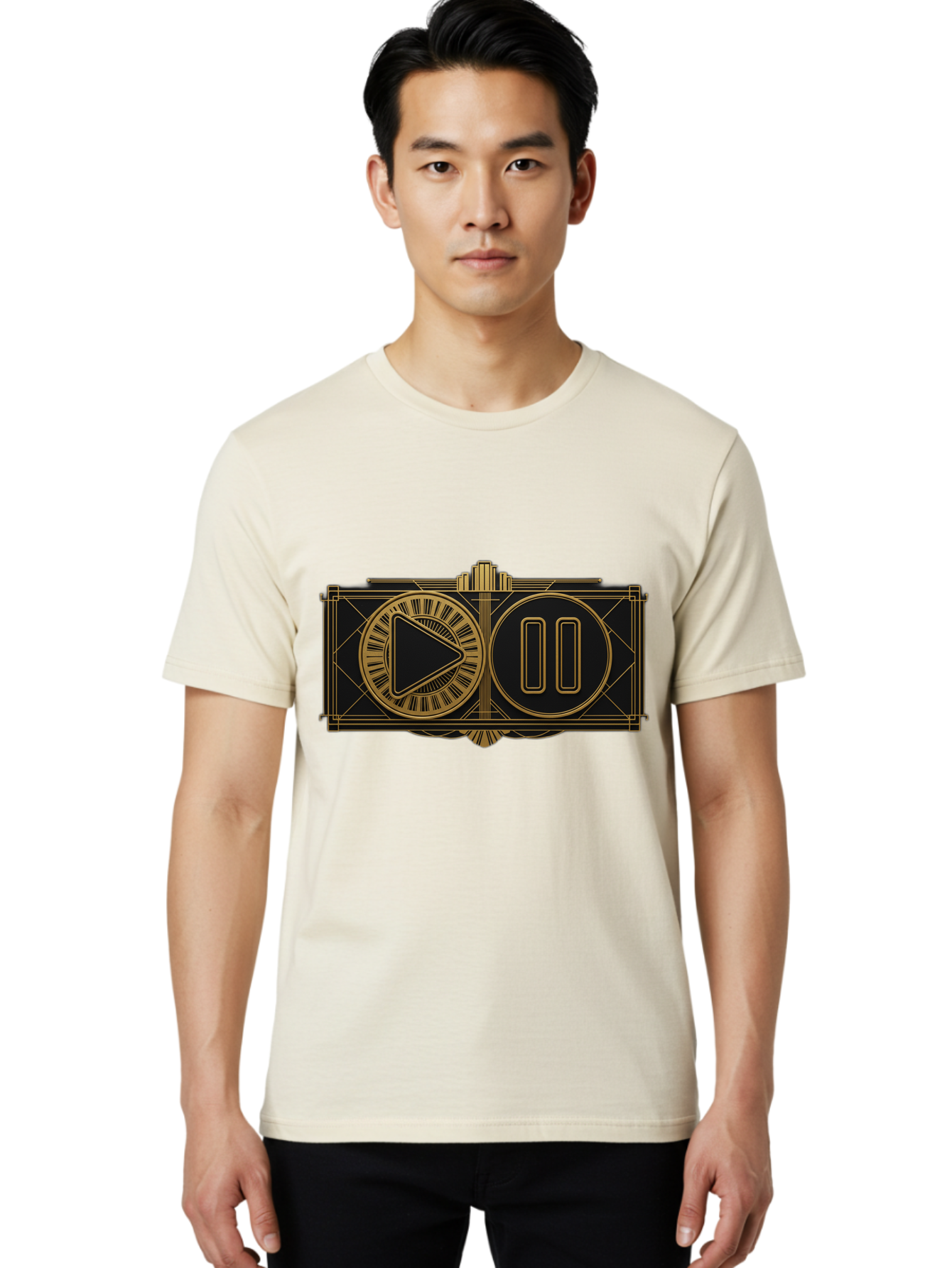 Video-Controls Men'S Graphic Tee, 100% Cotton, Comfortable Casual Summer Wear, Machine Washable, Play Button, Pause Button, Video Controls, Media Player, Gold Accents, Black Background, Modern Design, User Interface, Digital Media Bac547 26