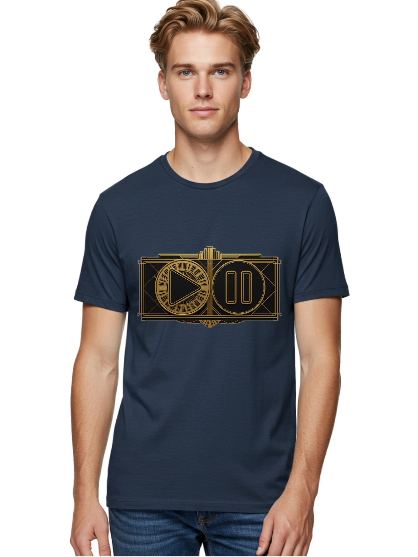 Video-Controls Men'S Graphic Tee, 100% Cotton, Comfortable Casual Summer Wear, Machine Washable, Play Button, Pause Button, Video Controls, Media Player, Gold Accents, Black Background, Modern Design, User Interface, Digital Media Bac547 25