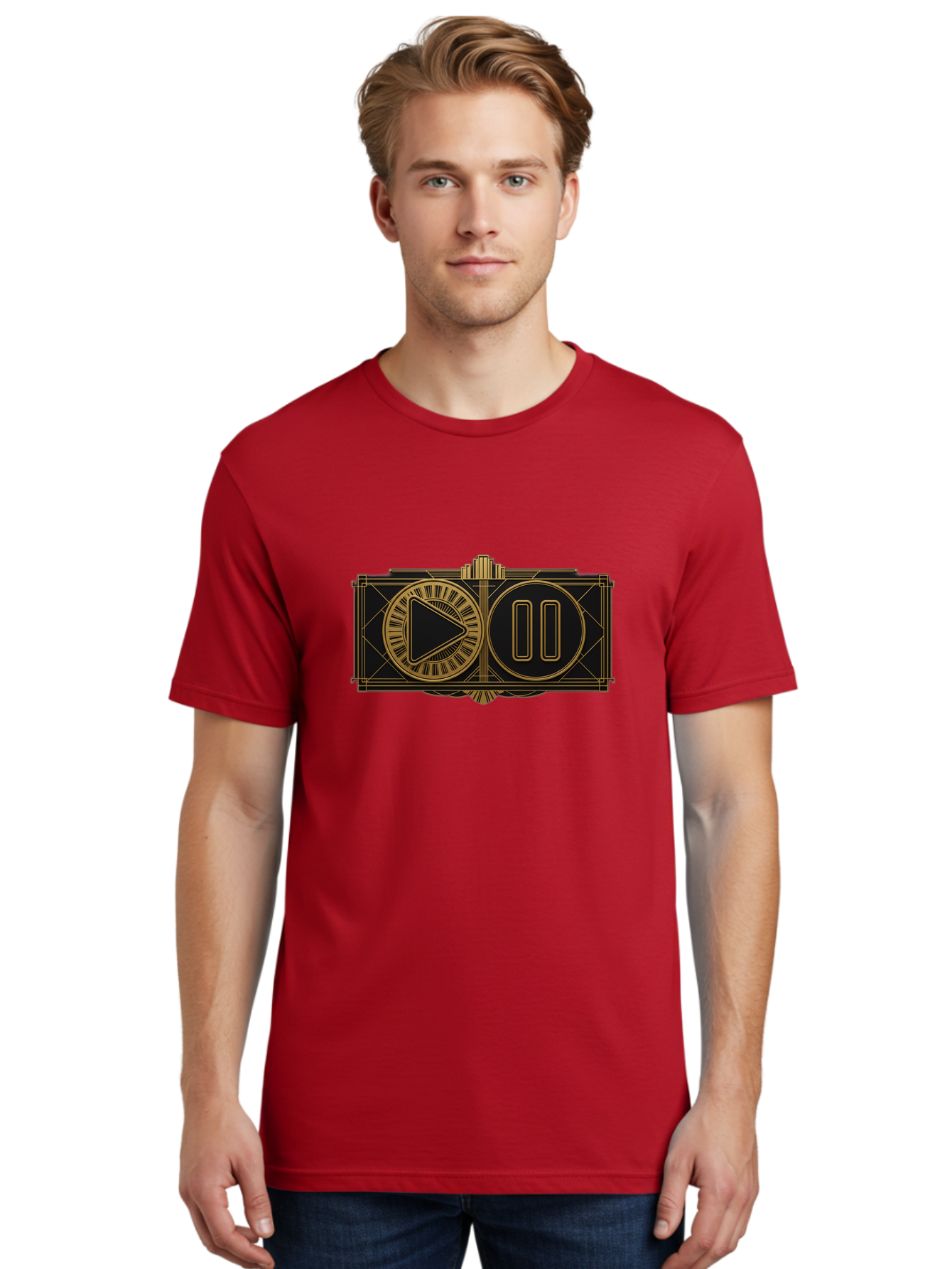 Video-Controls Men'S Graphic Tee, 100% Cotton, Comfortable Casual Summer Wear, Machine Washable, Play Button, Pause Button, Video Controls, Media Player, Gold Accents, Black Background, Modern Design, User Interface, Digital Media Bac547 24