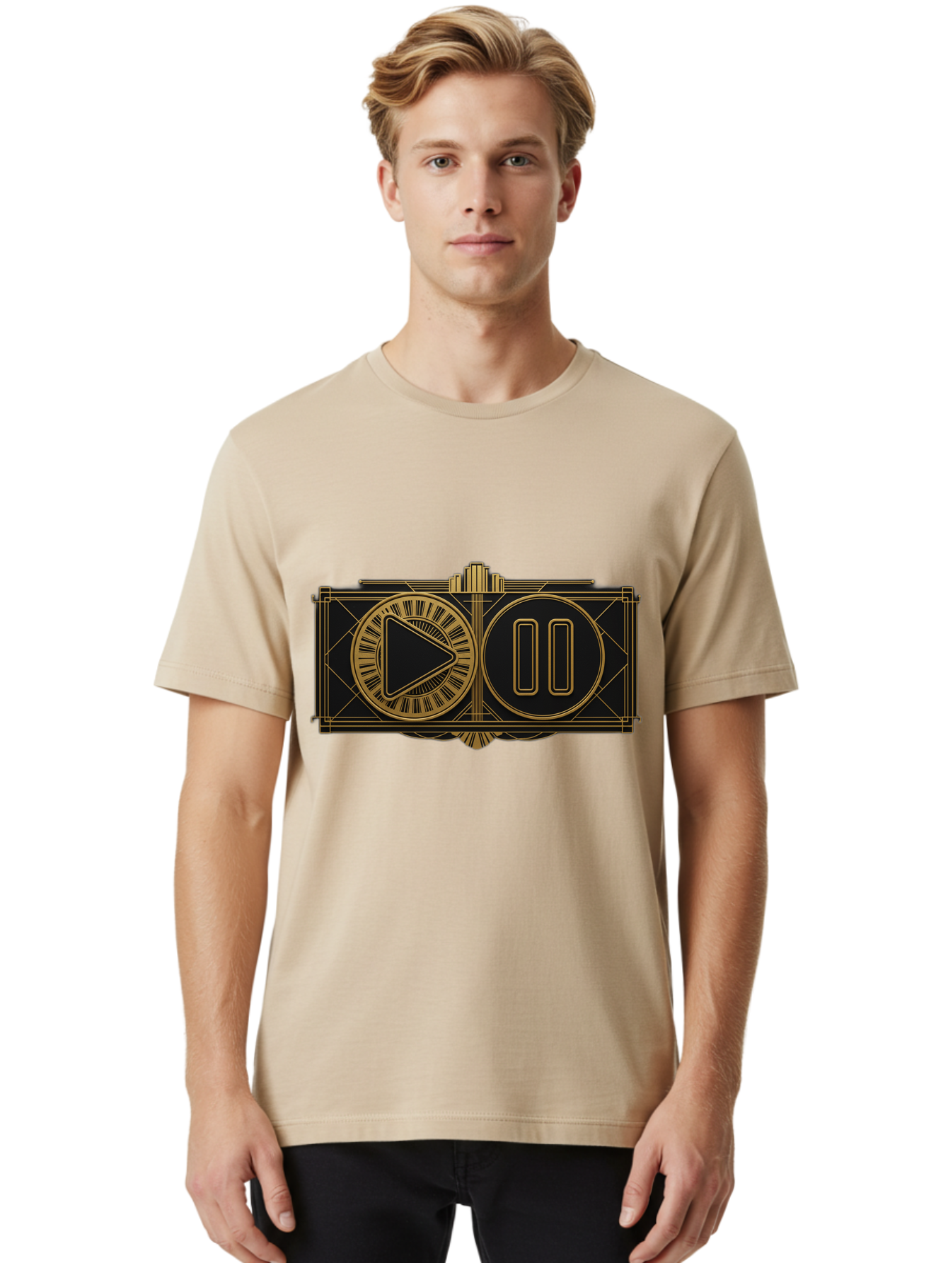 Video-Controls Men'S Graphic Tee, 100% Cotton, Comfortable Casual Summer Wear, Machine Washable, Play Button, Pause Button, Video Controls, Media Player, Gold Accents, Black Background, Modern Design, User Interface, Digital Media Bac547 28