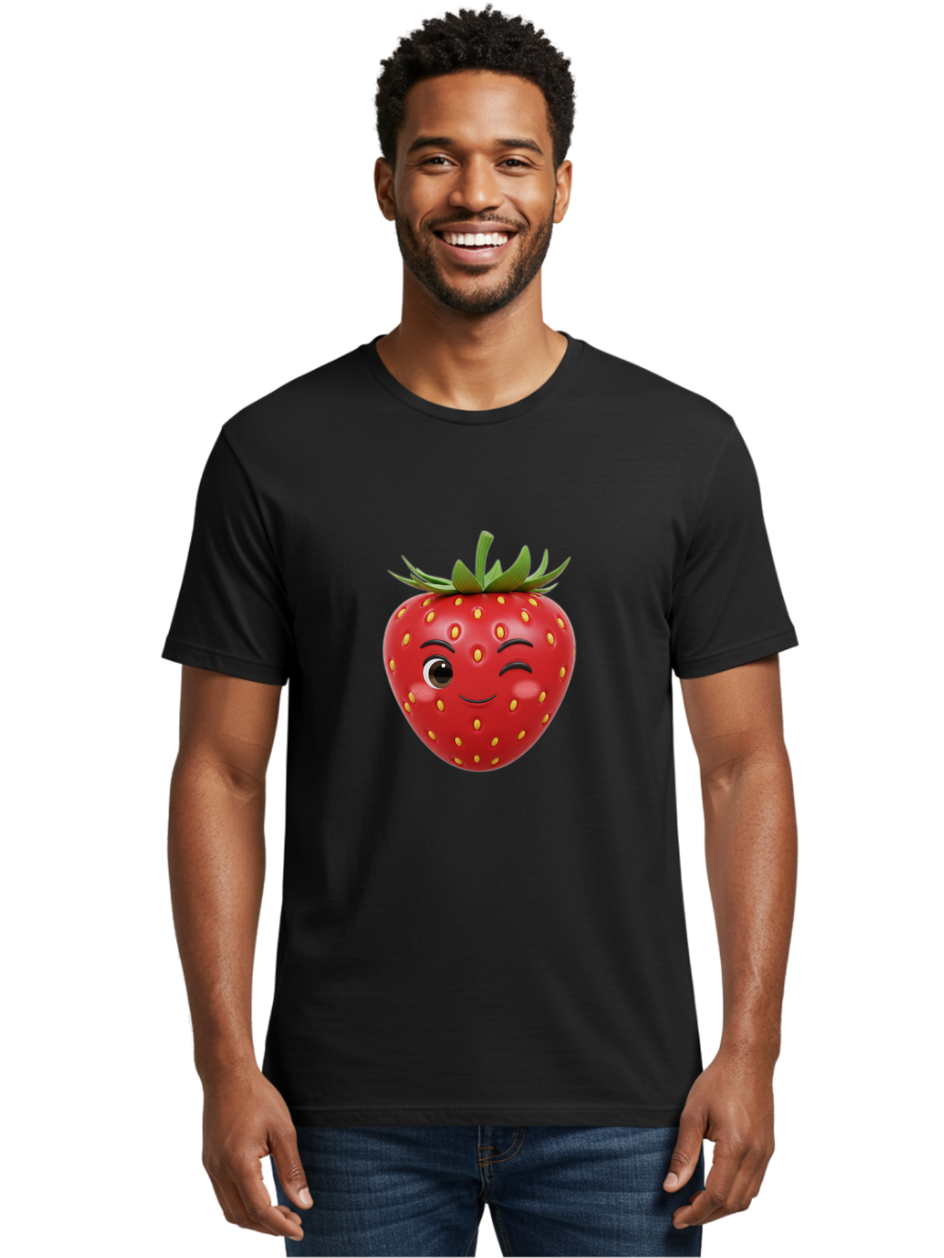 Winking-Strawberry-1 Men'S Graphic Tee, 100% Cotton, Comfortable Casual Summer Wear, Machine Washable, Cartoon Strawberry, Winking Face, Yellow Seeds, Red Fruit, Funny Character, Cute Emoji, Playful Expression, Smiling Face, Bac554 24