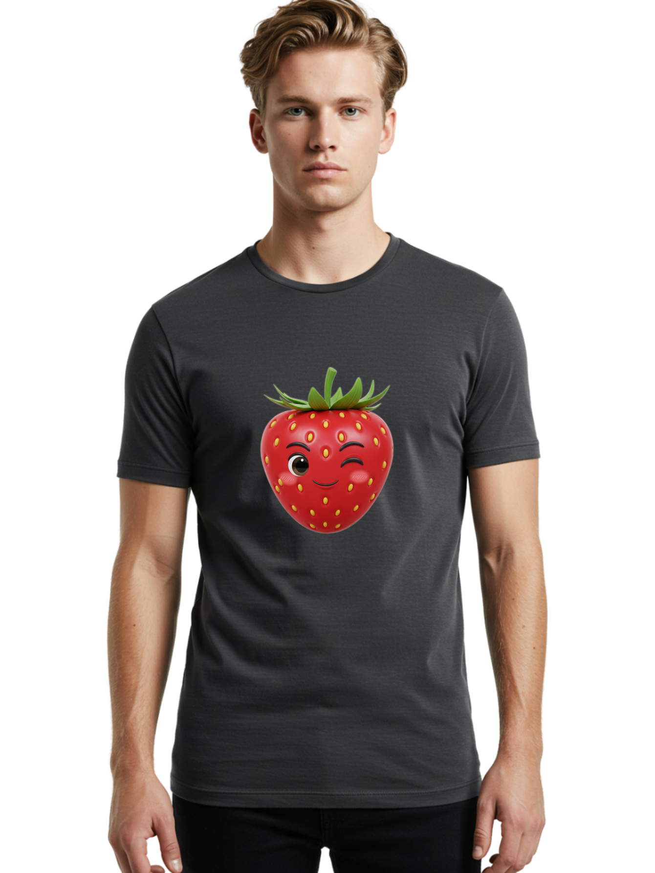 Winking-Strawberry-1 Men'S Graphic Tee, 100% Cotton, Comfortable Casual Summer Wear, Machine Washable, Cartoon Strawberry, Winking Face, Yellow Seeds, Red Fruit, Funny Character, Cute Emoji, Playful Expression, Smiling Face, Bac554 27