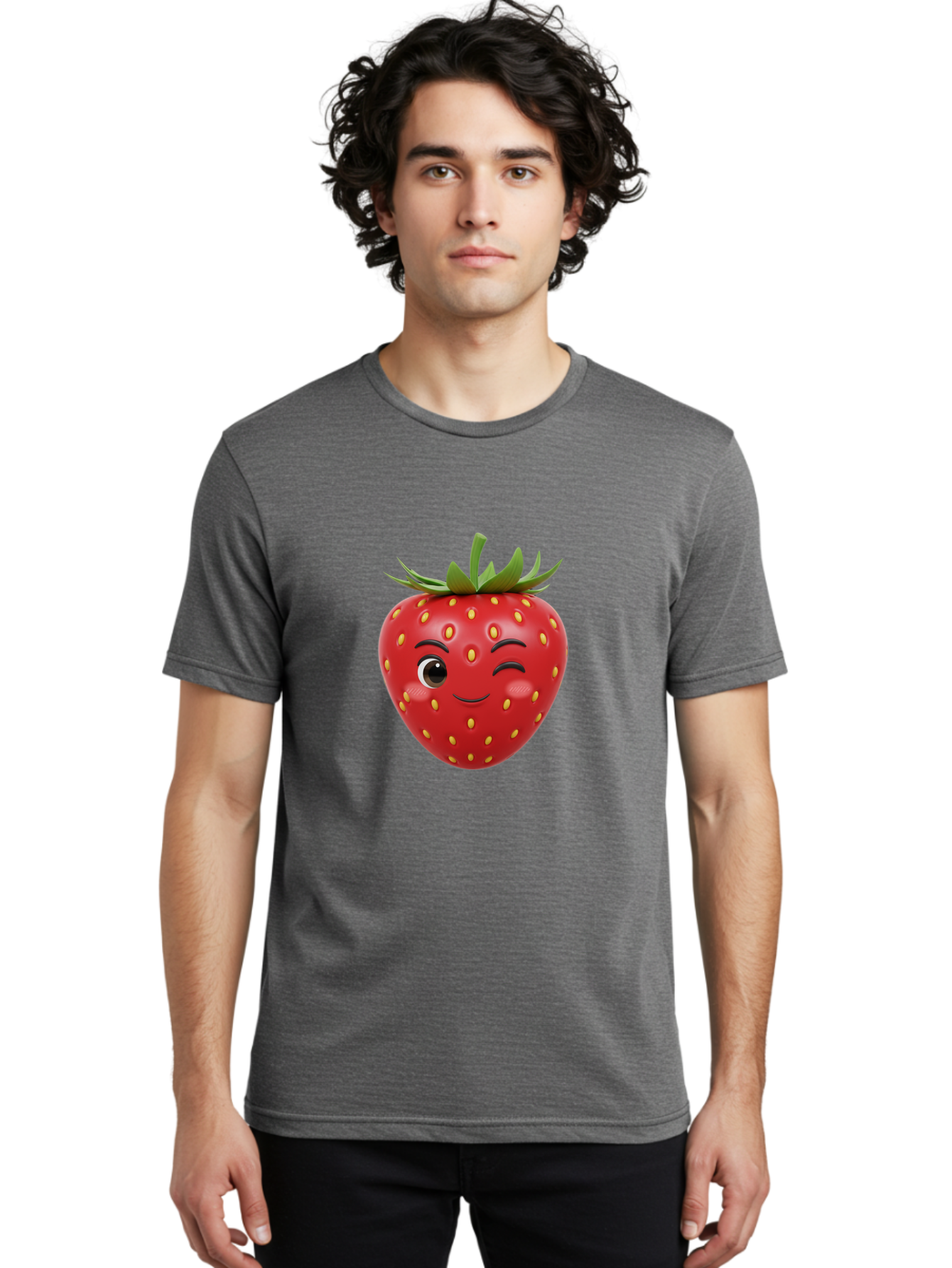 Winking-Strawberry-1 Men'S Graphic Tee, 100% Cotton, Comfortable Casual Summer Wear, Machine Washable, Cartoon Strawberry, Winking Face, Yellow Seeds, Red Fruit, Funny Character, Cute Emoji, Playful Expression, Smiling Face, Bac554 30