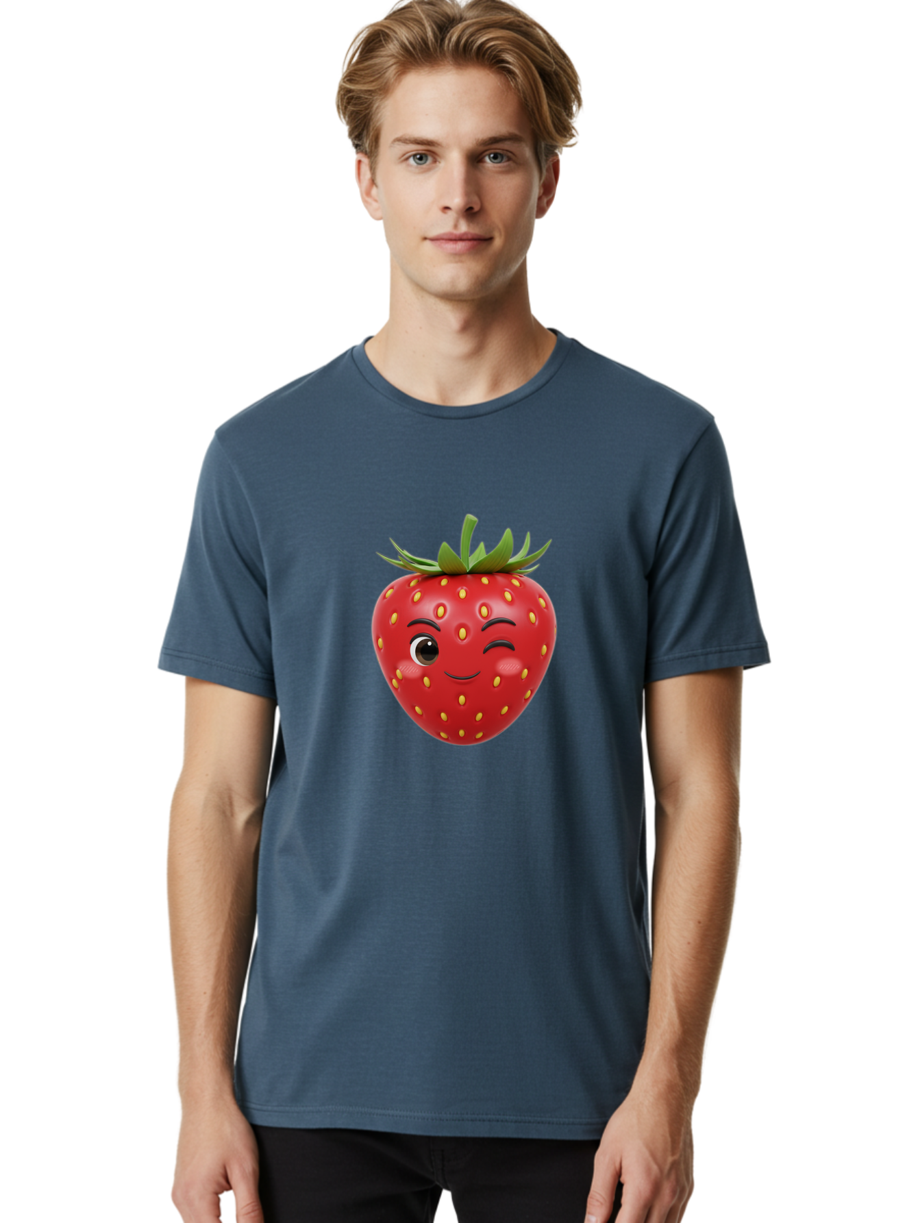 Winking-Strawberry-1 Men'S Graphic Tee, 100% Cotton, Comfortable Casual Summer Wear, Machine Washable, Cartoon Strawberry, Winking Face, Yellow Seeds, Red Fruit, Funny Character, Cute Emoji, Playful Expression, Smiling Face, Bac554 22