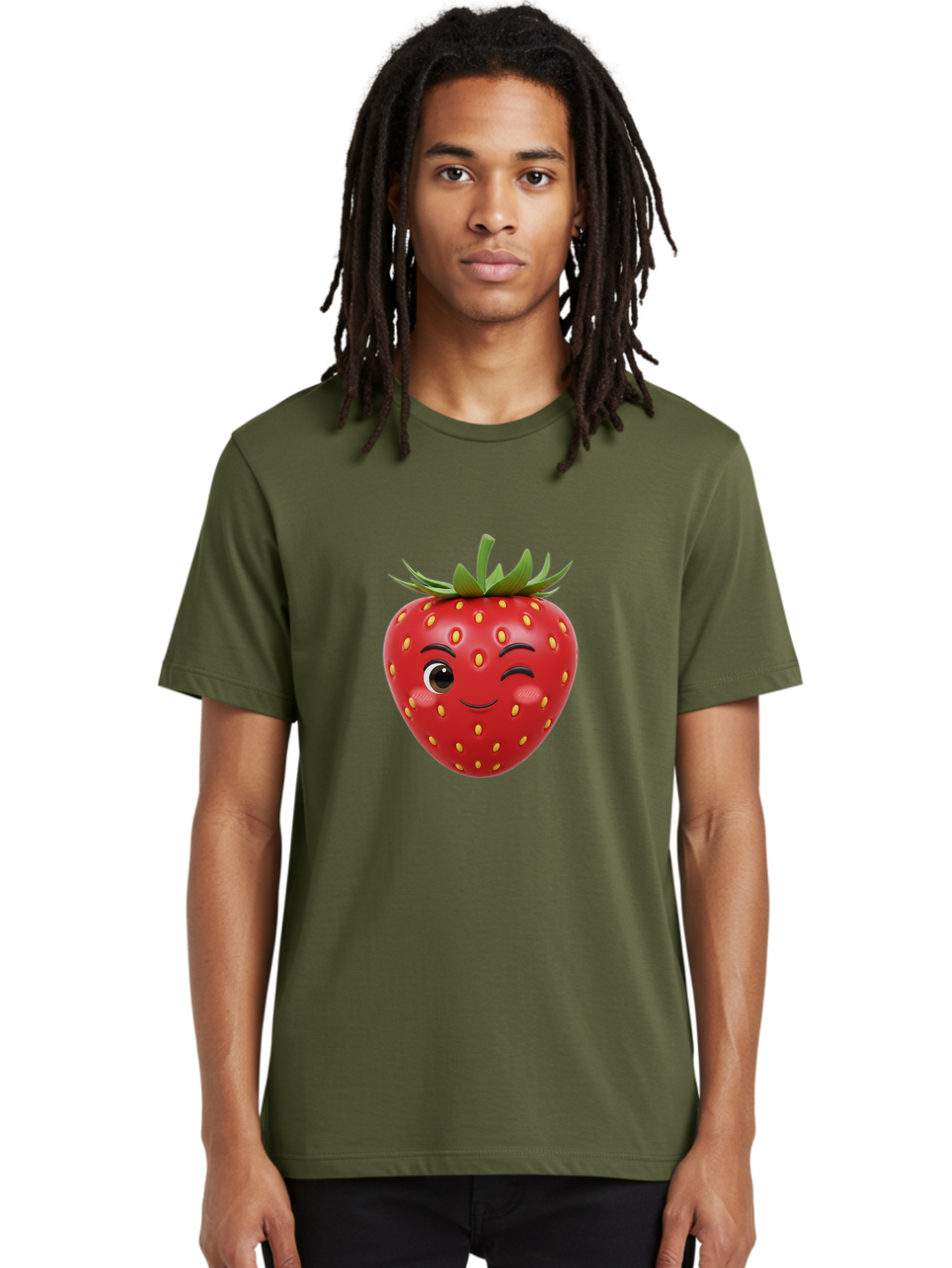 Winking-Strawberry-1 Men'S Graphic Tee, 100% Cotton, Comfortable Casual Summer Wear, Machine Washable, Cartoon Strawberry, Winking Face, Yellow Seeds, Red Fruit, Funny Character, Cute Emoji, Playful Expression, Smiling Face, Bac554 25