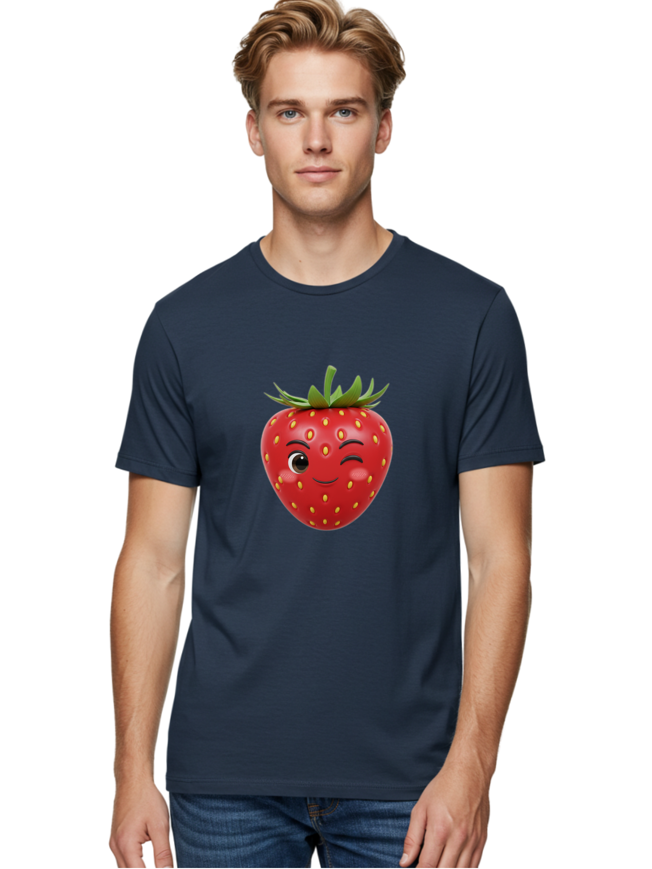 Winking-Strawberry-1 Men'S Graphic Tee, 100% Cotton, Comfortable Casual Summer Wear, Machine Washable, Cartoon Strawberry, Winking Face, Yellow Seeds, Red Fruit, Funny Character, Cute Emoji, Playful Expression, Smiling Face, Bac554 19