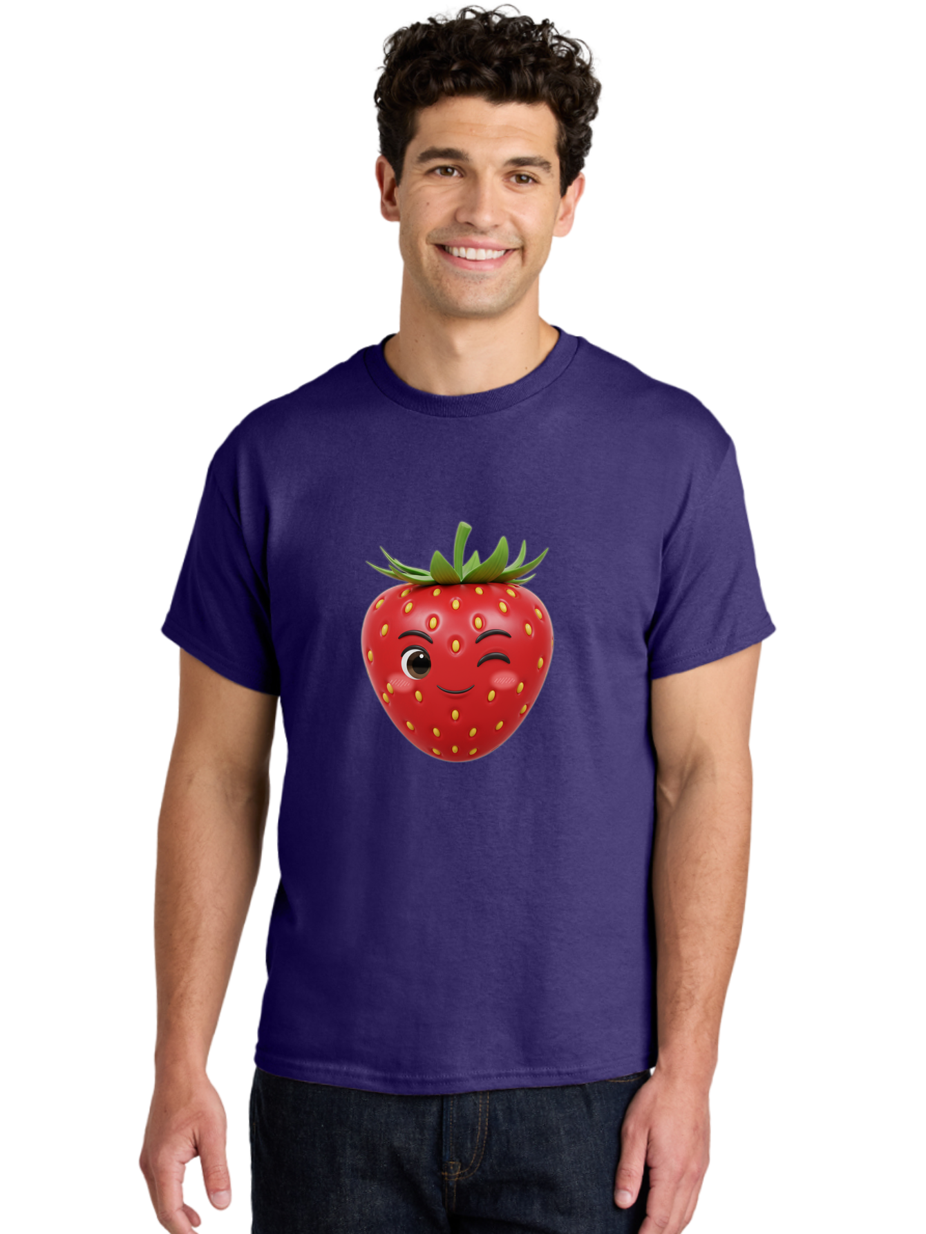 Winking-Strawberry-1 Men'S Graphic Tee, 100% Cotton, Comfortable Casual Summer Wear, Machine Washable, Cartoon Strawberry, Winking Face, Yellow Seeds, Red Fruit, Funny Character, Cute Emoji, Playful Expression, Smiling Face, Bac554 17