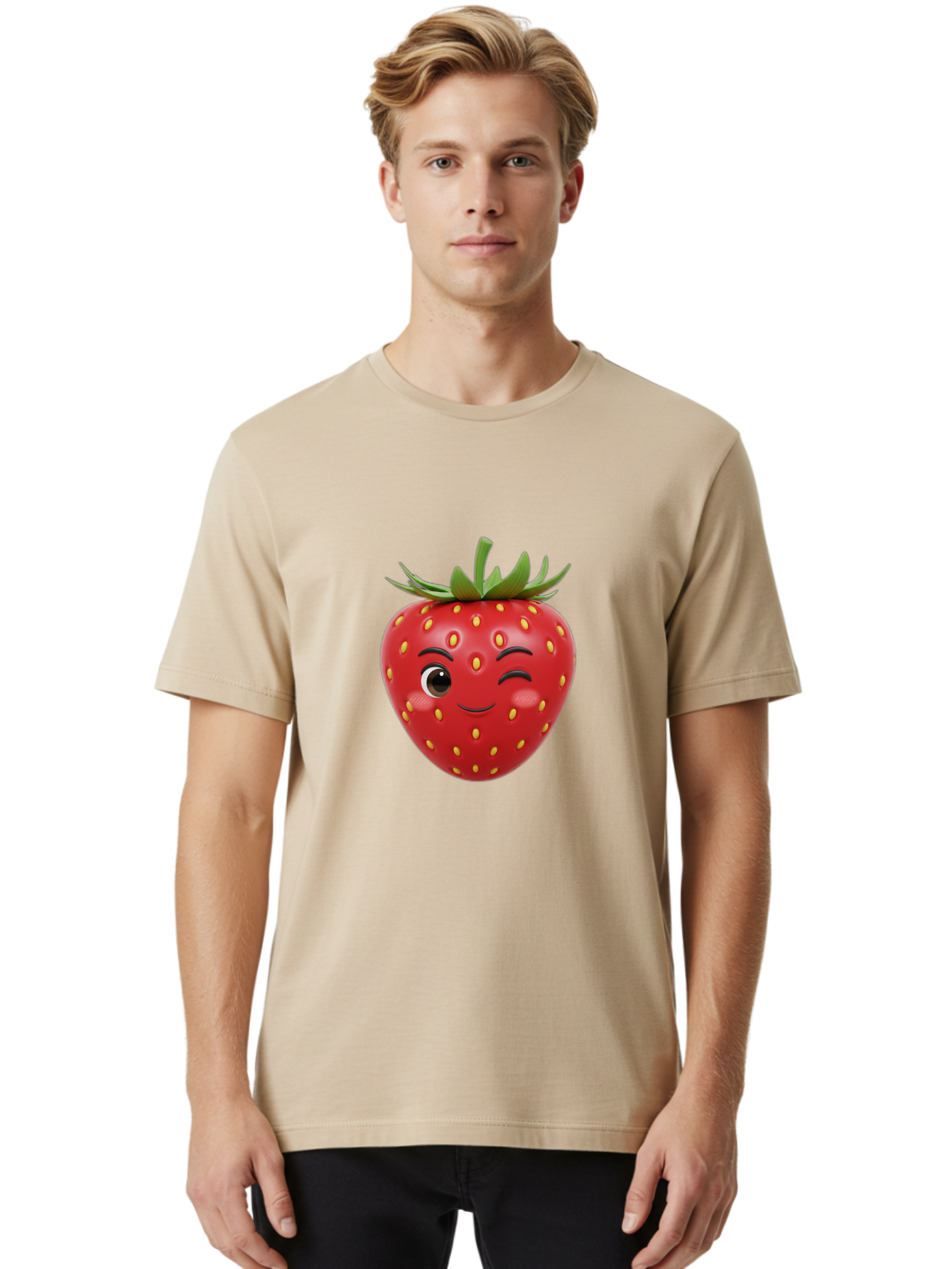 Winking-Strawberry-1 Men'S Graphic Tee, 100% Cotton, Comfortable Casual Summer Wear, Machine Washable, Cartoon Strawberry, Winking Face, Yellow Seeds, Red Fruit, Funny Character, Cute Emoji, Playful Expression, Smiling Face, Bac554 26